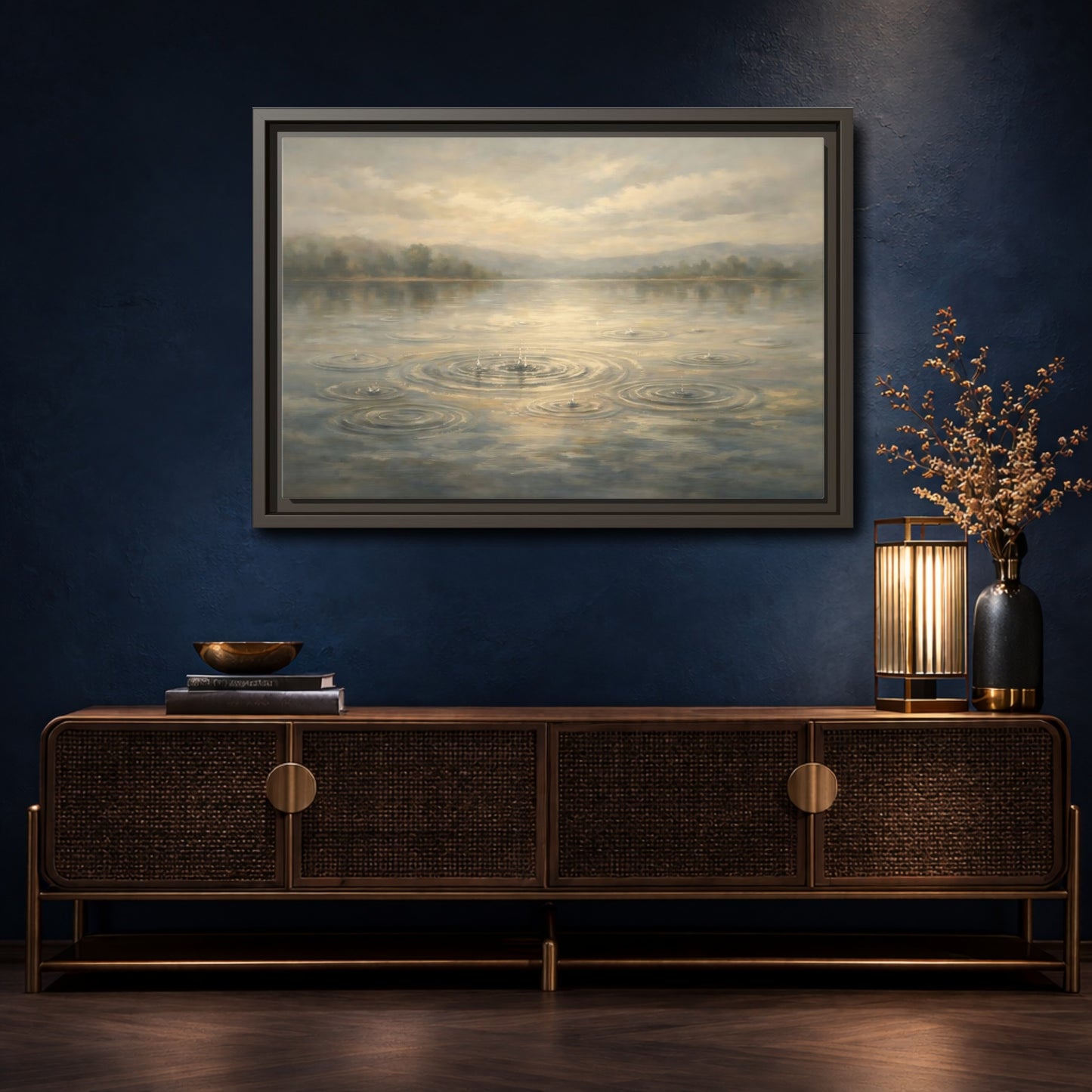 Mockup 4. Nature Rainy Lake Muted Landscape shown as stretched canvas wall art