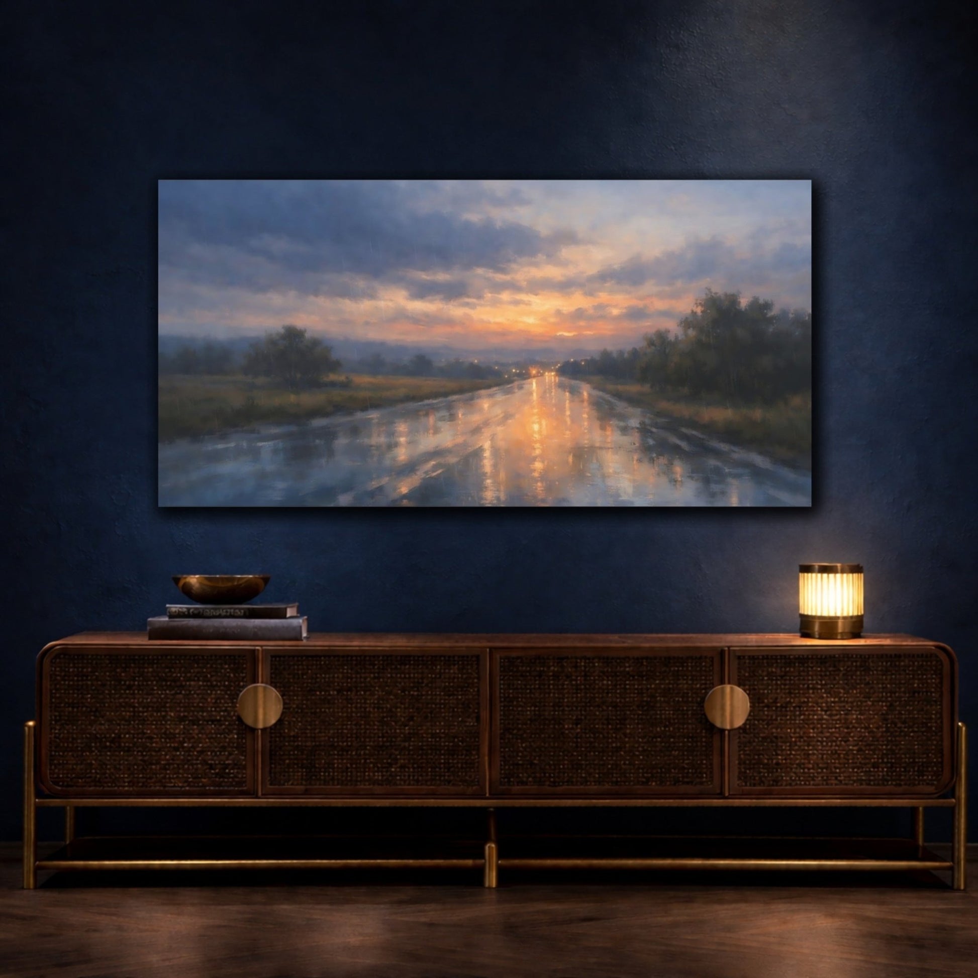 Nature Rainy Road Orange And Blue - Canvas Wall Art Print - YesArtYes