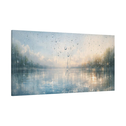 Main Mockup. Nature Rainy Window Rainy Lake View shown as stretched canvas wall art