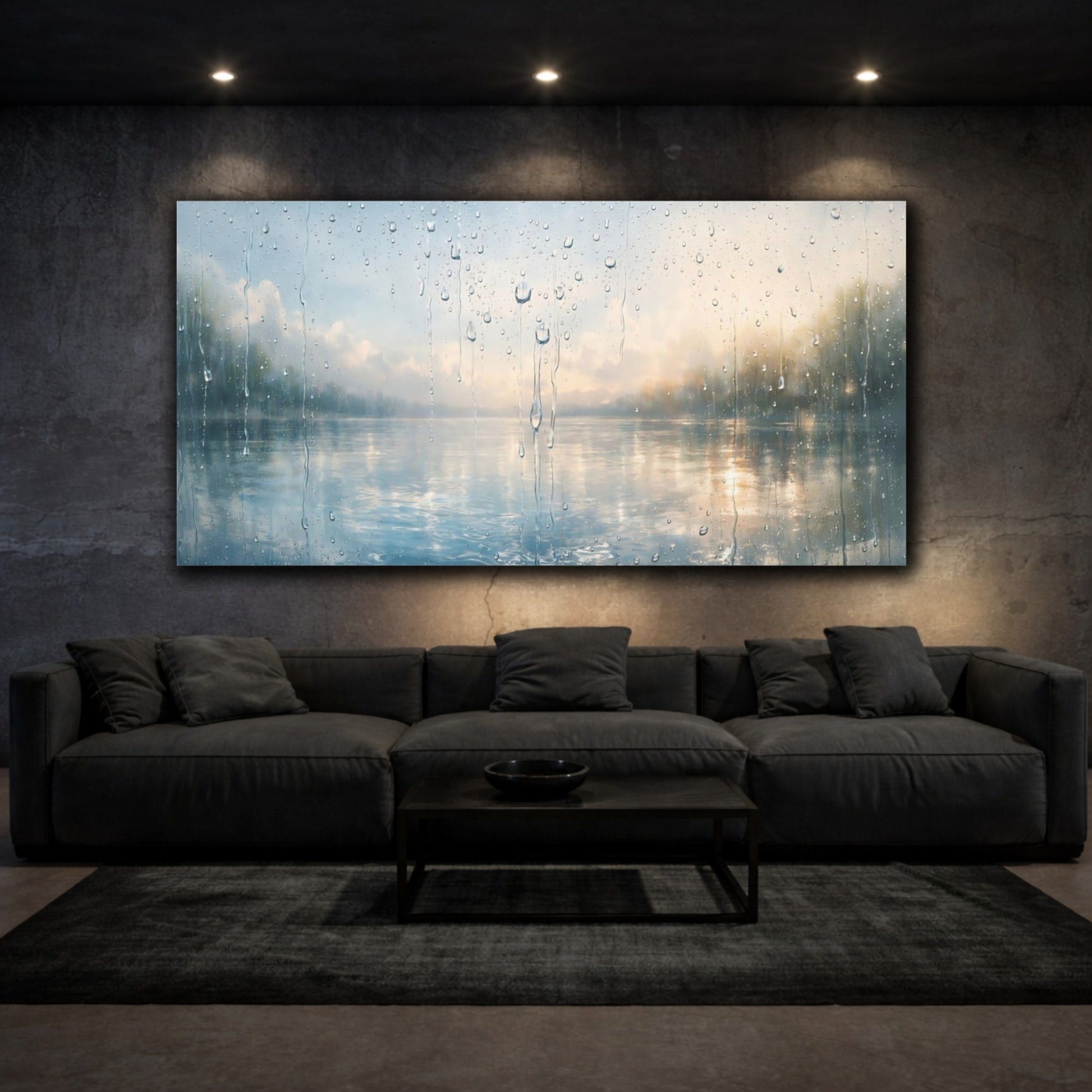 Mockup 2. Nature Rainy Window Rainy Lake View shown as stretched canvas wall art