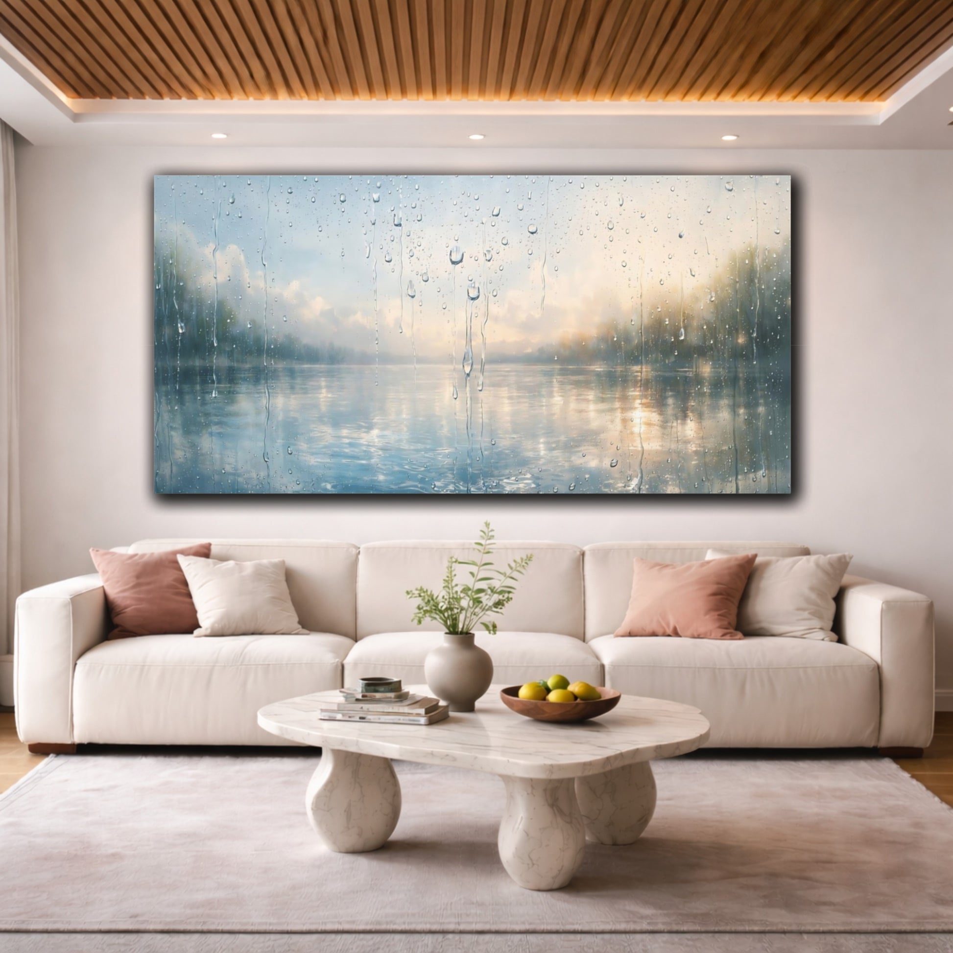 Mockup 3. Nature Rainy Window Rainy Lake View shown as stretched canvas wall art