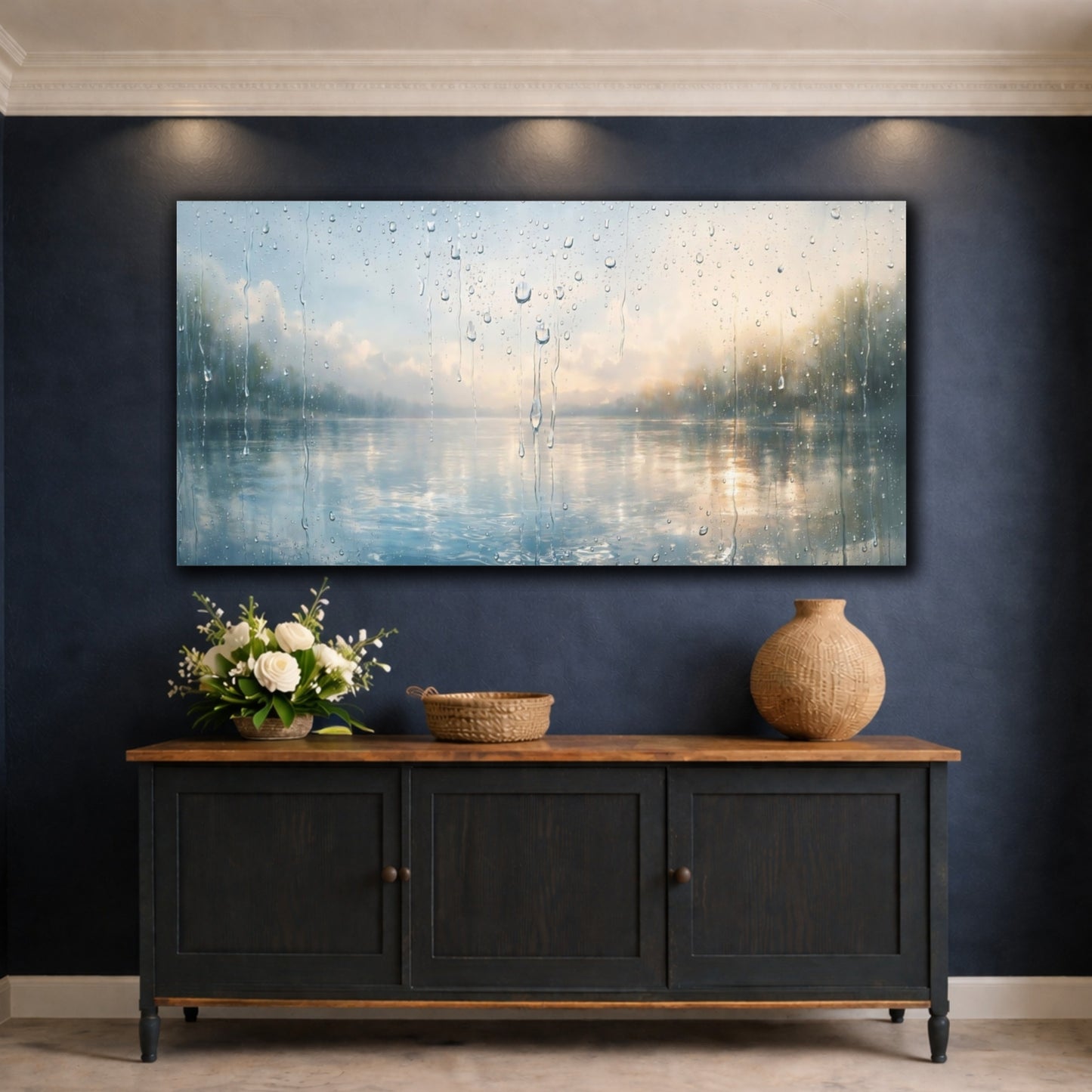 Mockup 4. Nature Rainy Window Rainy Lake View shown as stretched canvas wall art
