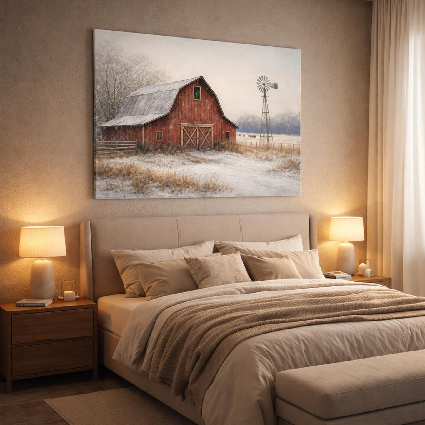 Nature Red Barn Red Barn Winter shown as canvas wall art in a luxury bedroom