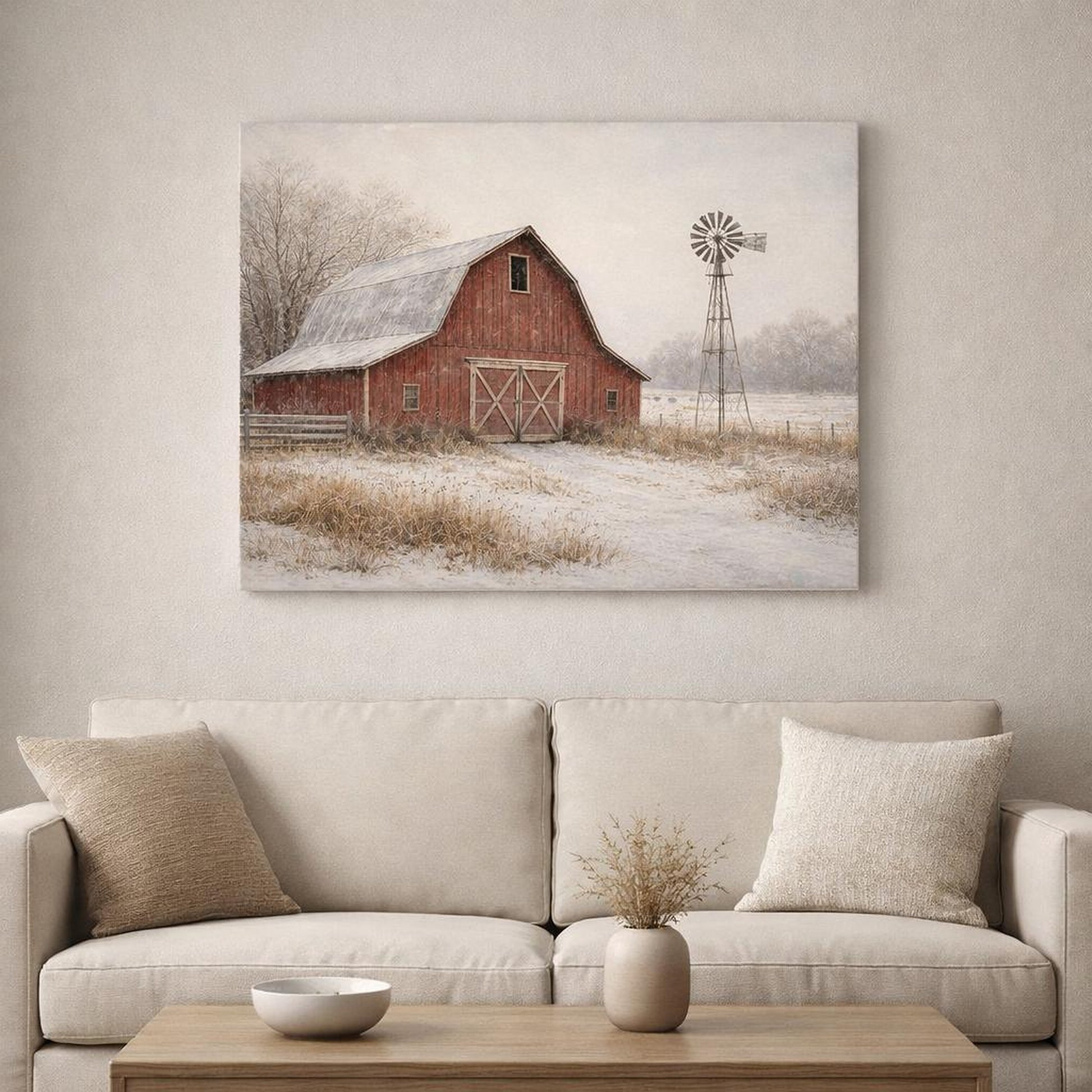 Nature Red Barn Red Barn Winter shown as canvas wall art in a sophisticated contemporary living space