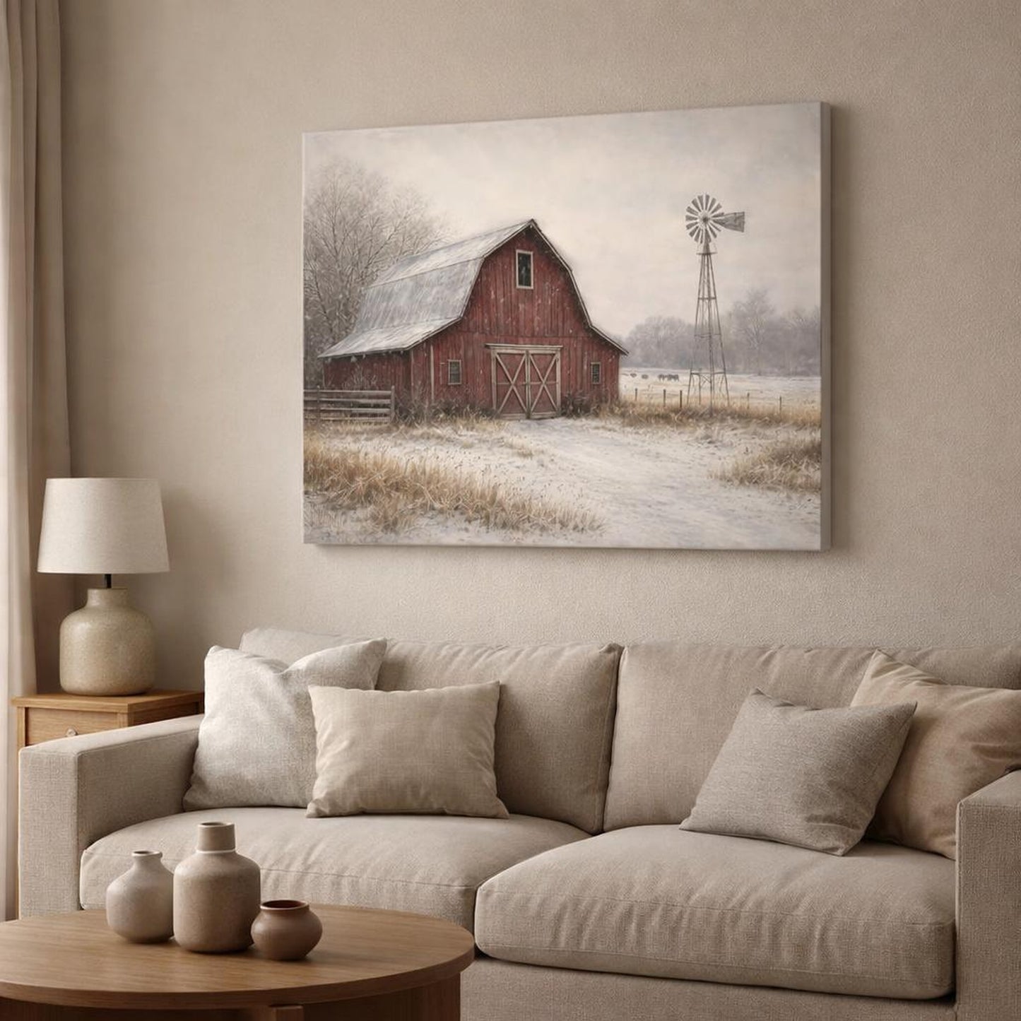 Nature Red Barn Red Barn Winter shown as canvas wall art in a modern living room