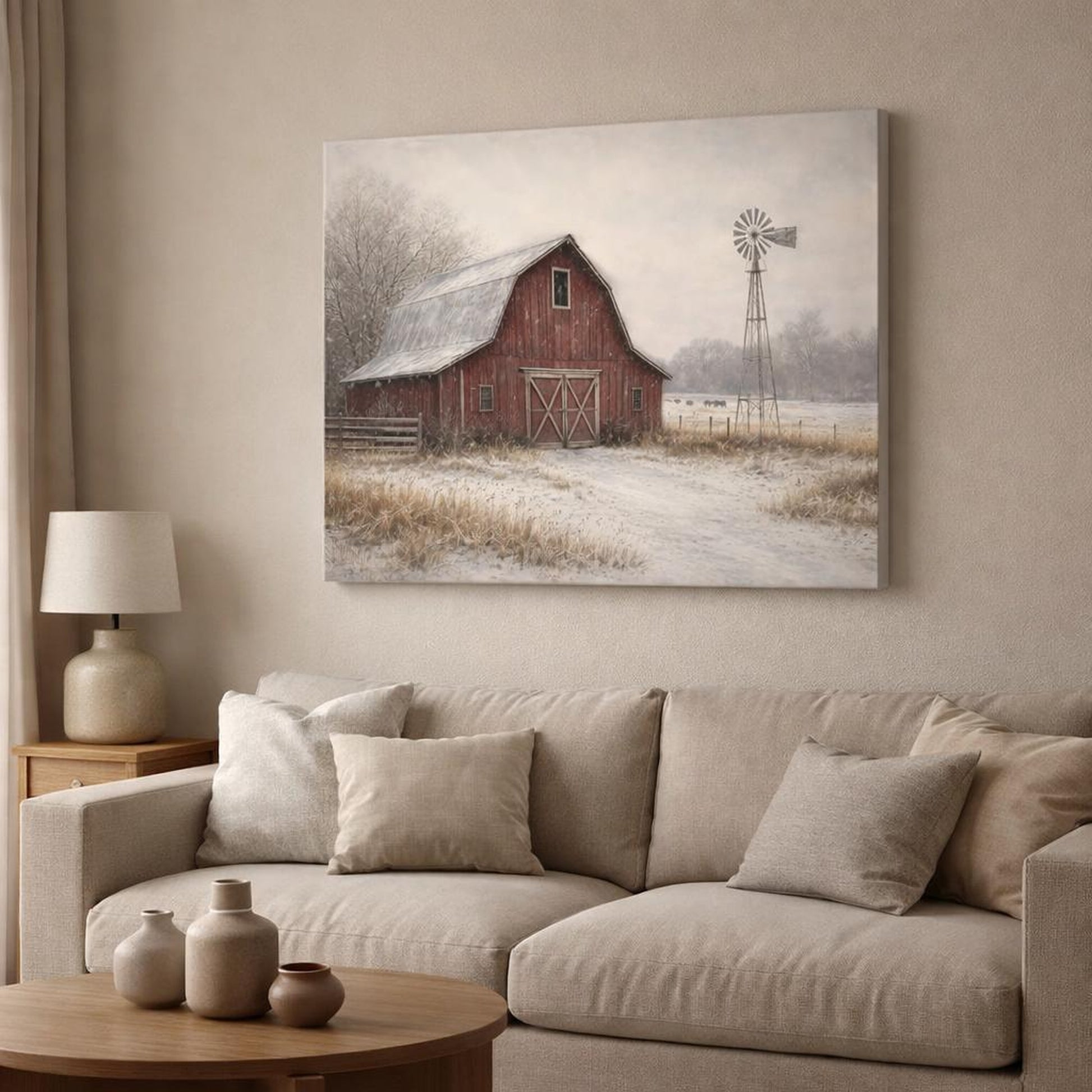 Nature Red Barn Red Barn Winter shown as canvas wall art in a modern living room
