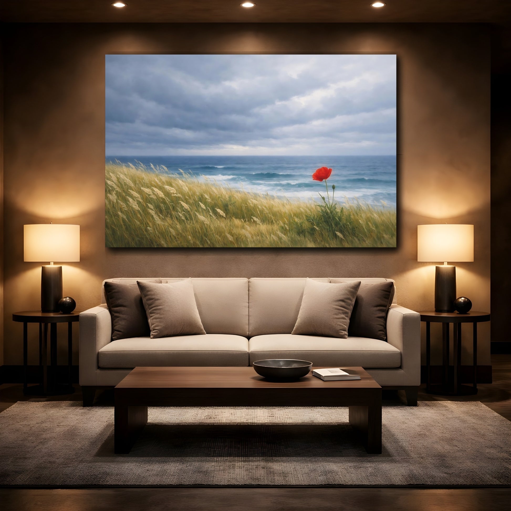 Mockup 3. Nature Red Poppy Red Poppy Seascape shown as stretched canvas wall art