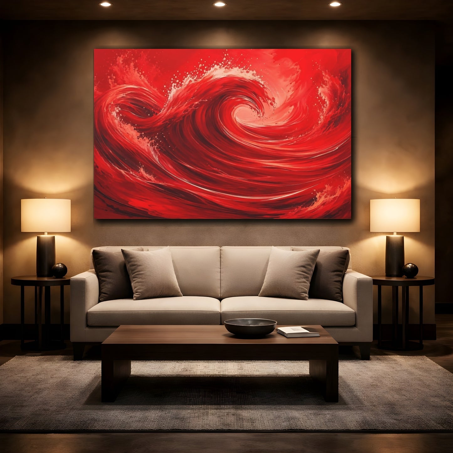 Mockup 2. Nature Red Wave Red Abstract shown as stretched canvas wall art