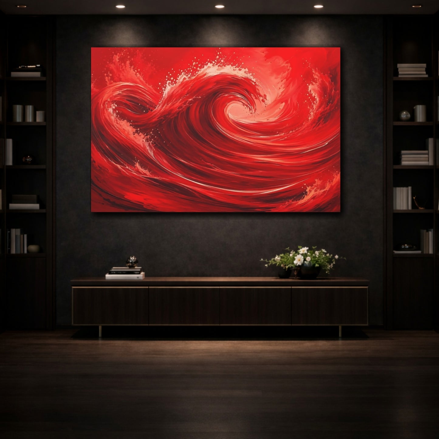 Mockup 3. Nature Red Wave Red Abstract shown as stretched canvas wall art