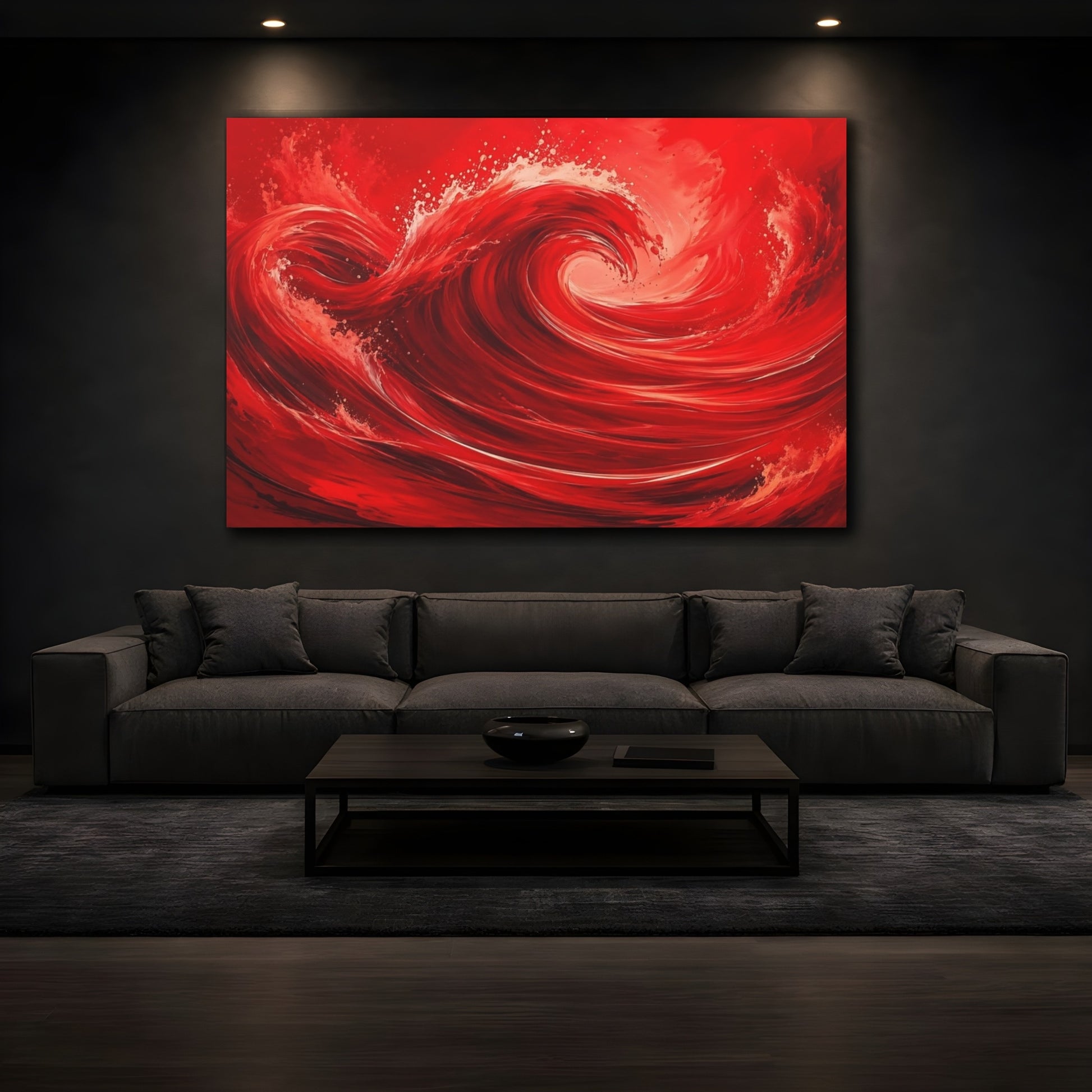 Mockup 4. Nature Red Wave Red Abstract shown as stretched canvas wall art