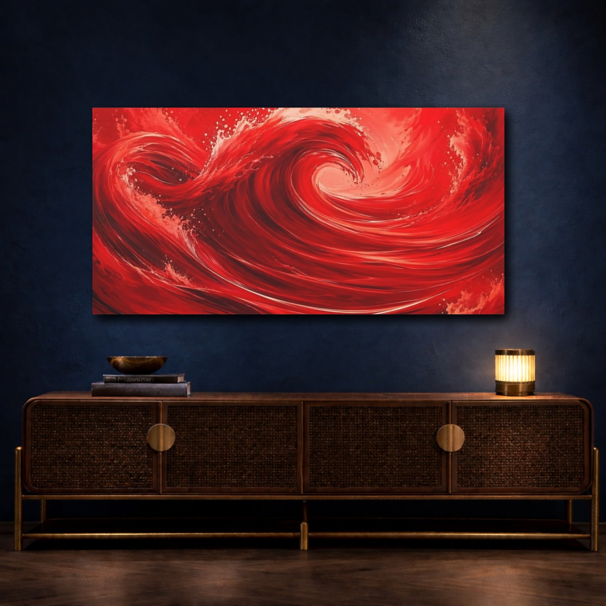Mockup 4. Nature Red Wave Red And White shown as stretched canvas wall art
