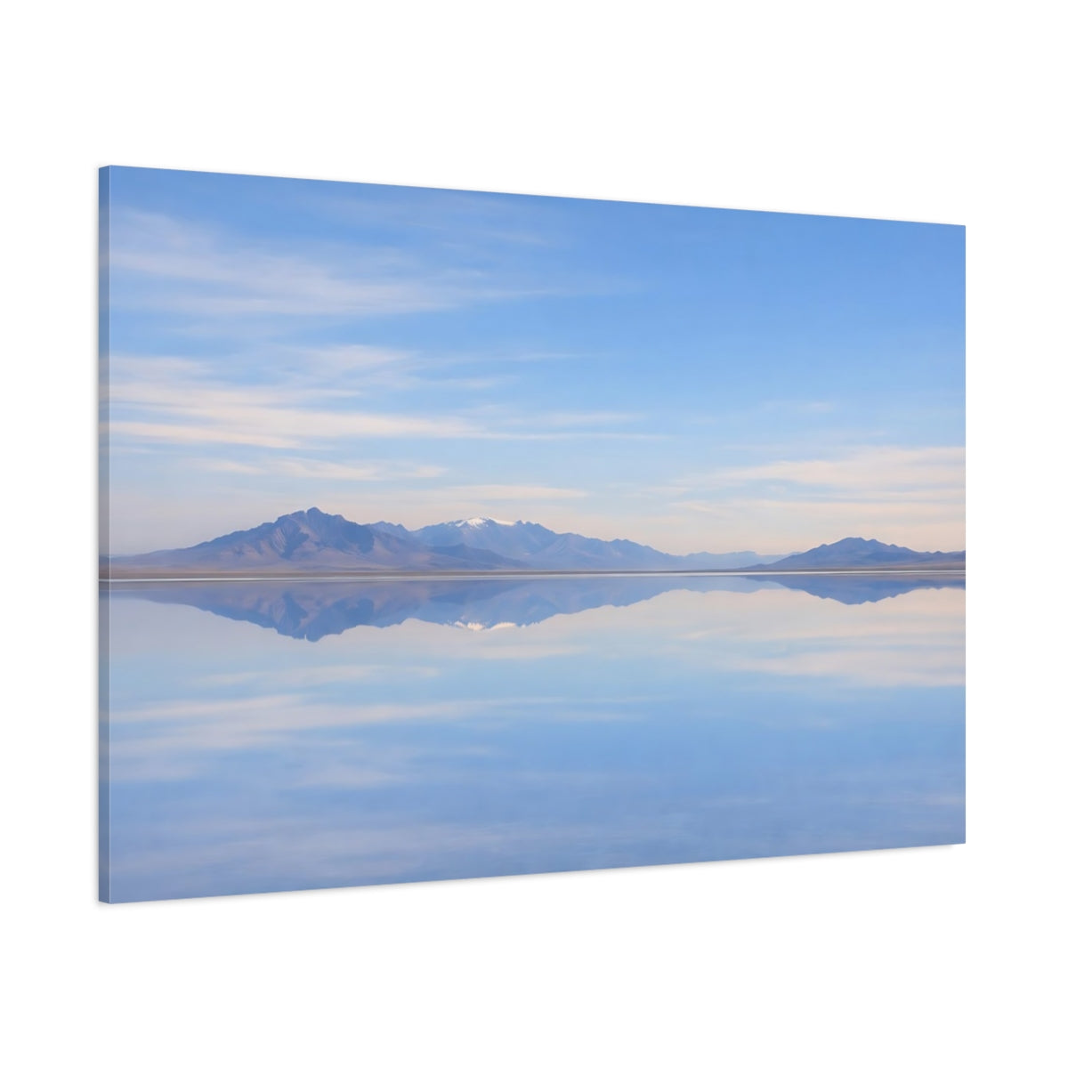 Side Mockup 1. Nature Reflecting Pool Blue Landscape shown as stretched canvas wall art