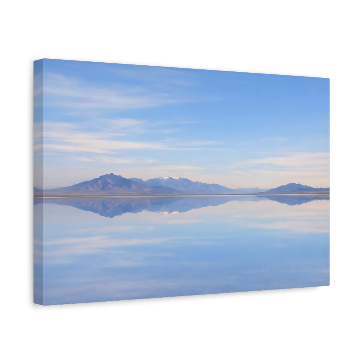 Side Mockup 4. Nature Reflecting Pool Blue Landscape shown as stretched canvas wall art