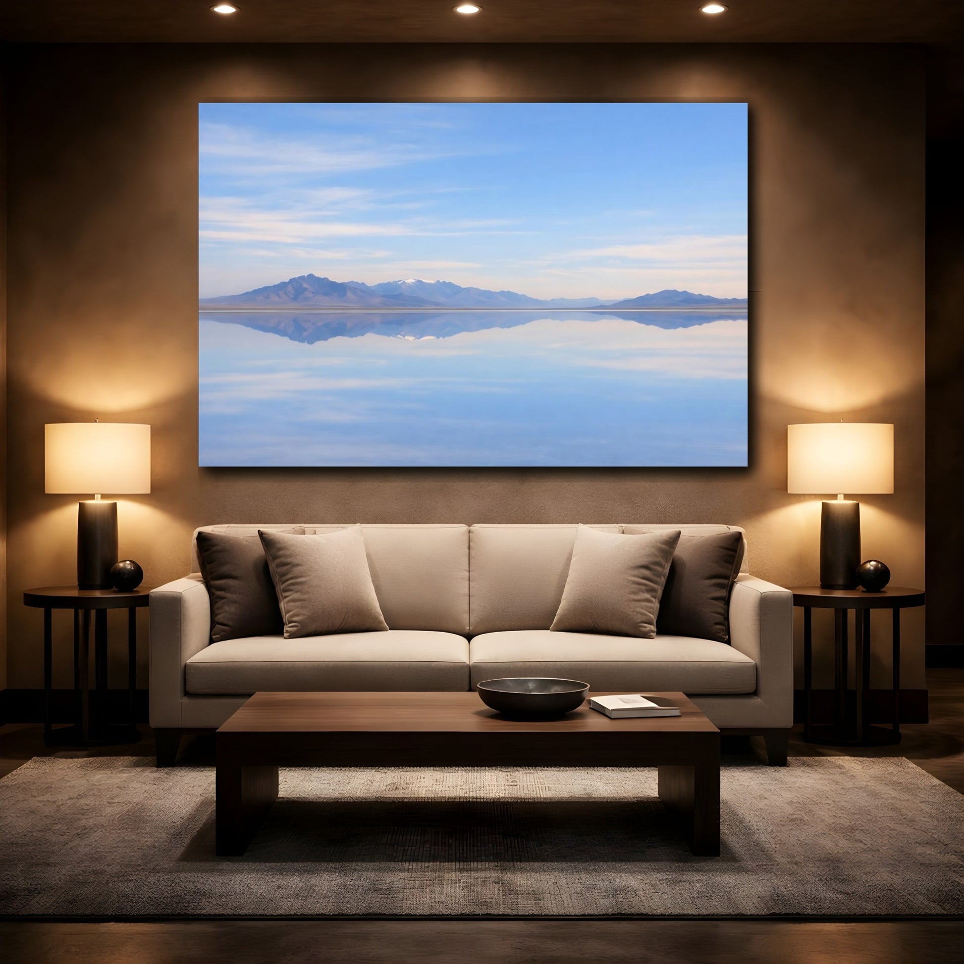 Mockup 2. Nature Reflecting Pool Blue Landscape shown as stretched canvas wall art