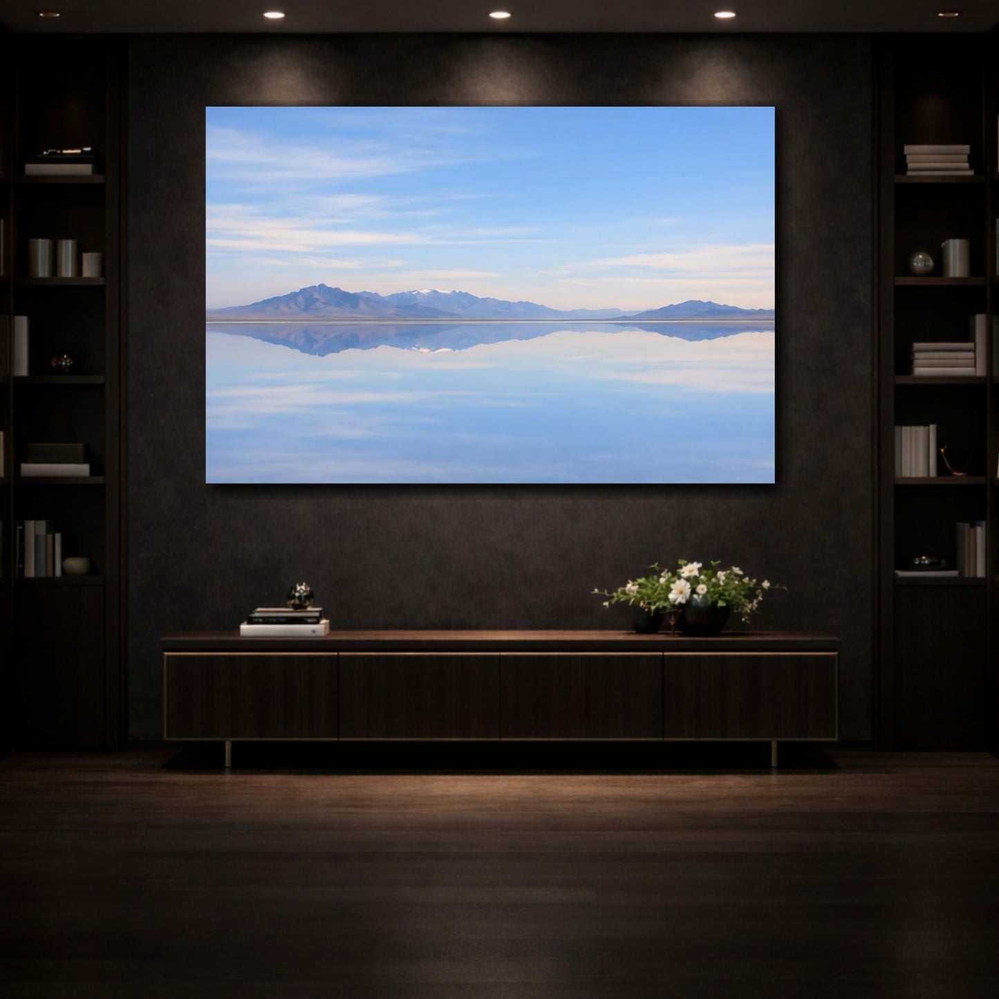 Mockup 3. Nature Reflecting Pool Blue Landscape shown as stretched canvas wall art