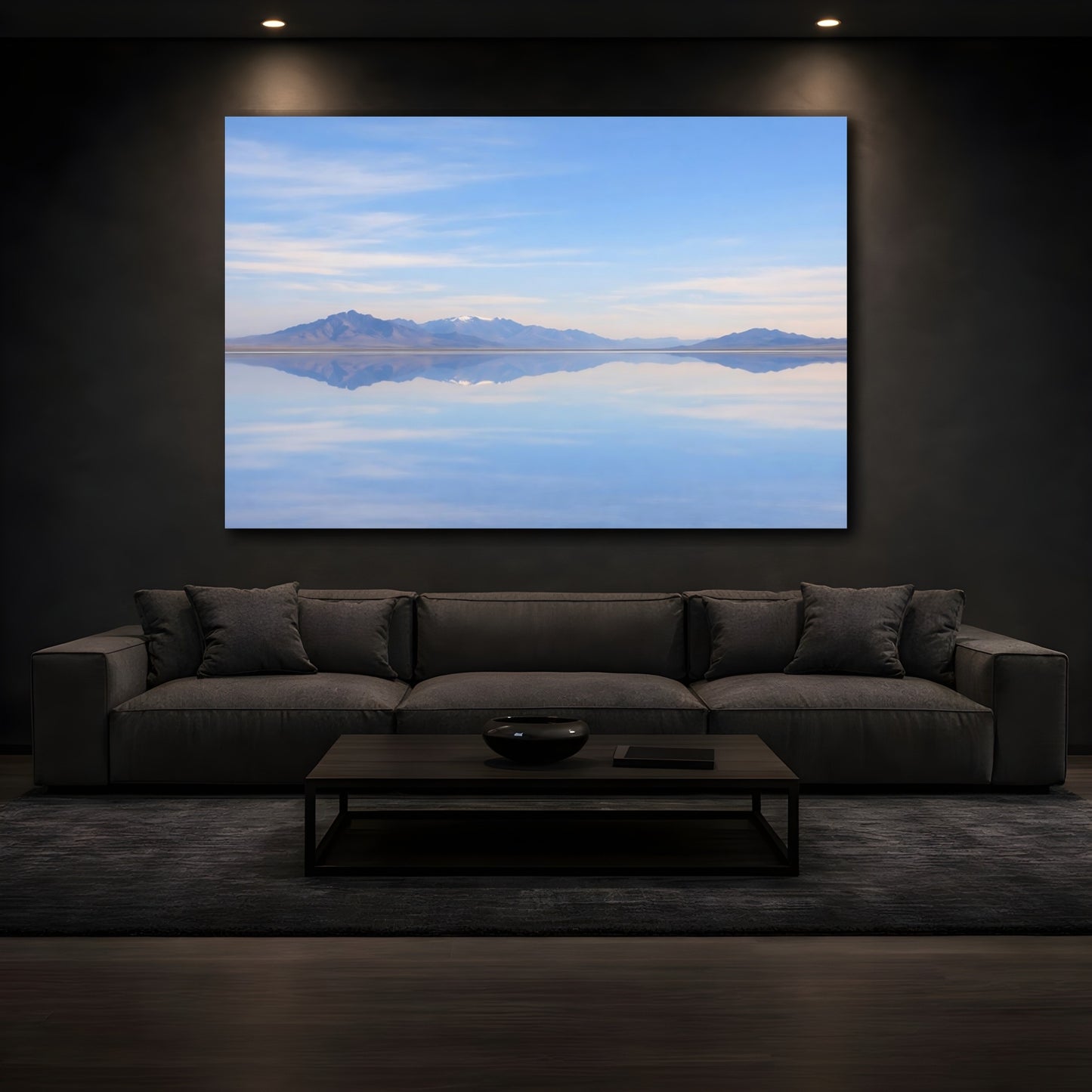 Mockup 4. Nature Reflecting Pool Blue Landscape shown as stretched canvas wall art