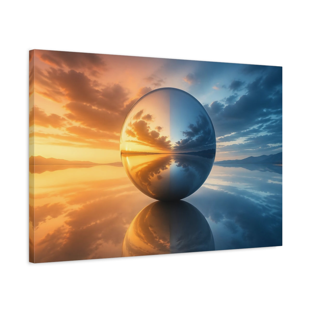 Side Mockup 2. Nature Reflective Sphere Orange And Blue shown as stretched canvas wall art