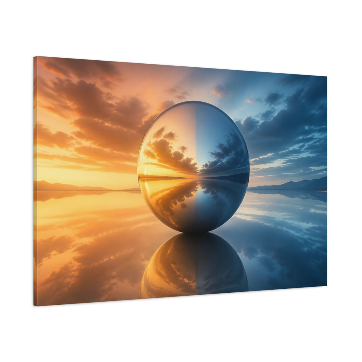 Side Mockup 1. Nature Reflective Sphere Orange And Blue shown as stretched canvas wall art