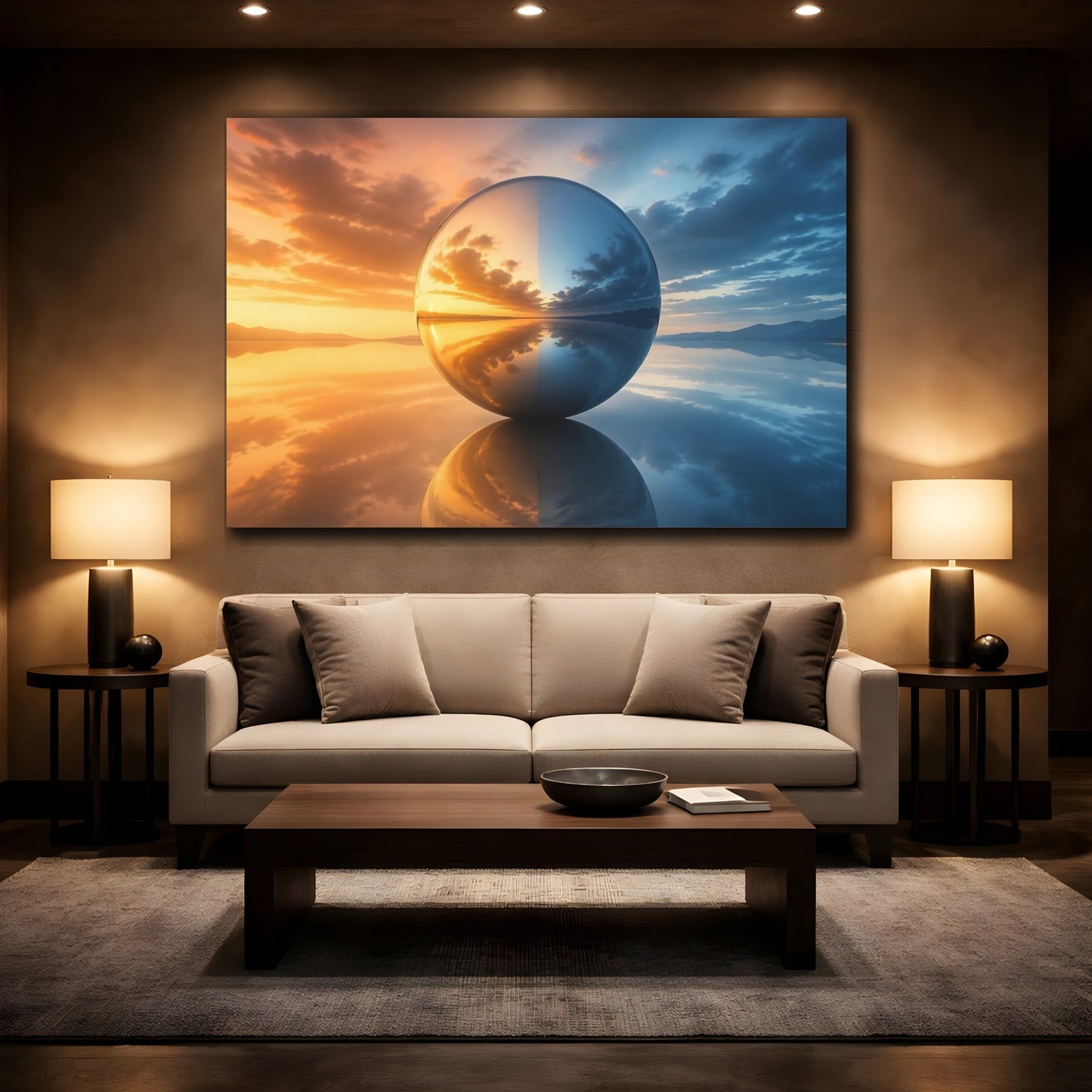 Mockup 2. Nature Reflective Sphere Orange And Blue shown as stretched canvas wall art