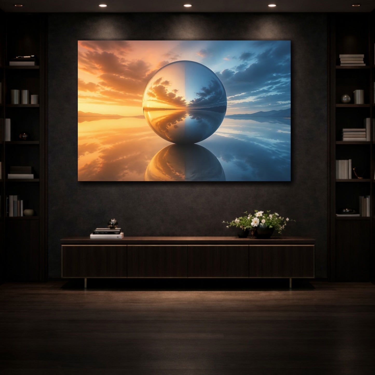 Mockup 3. Nature Reflective Sphere Orange And Blue shown as stretched canvas wall art