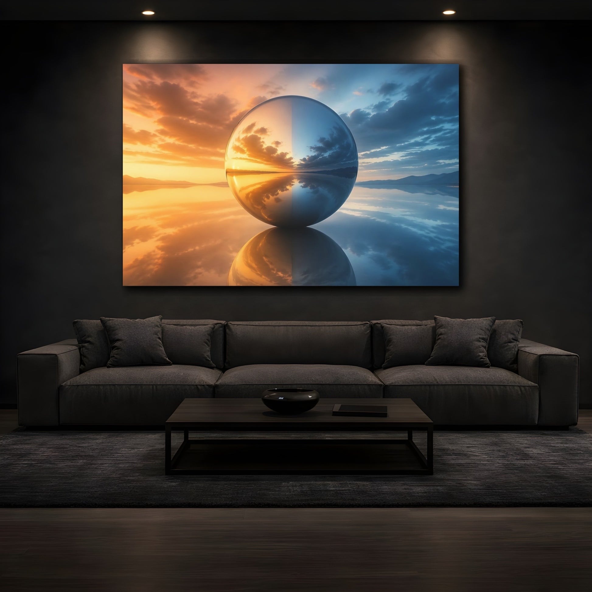Mockup 4. Nature Reflective Sphere Orange And Blue shown as stretched canvas wall art