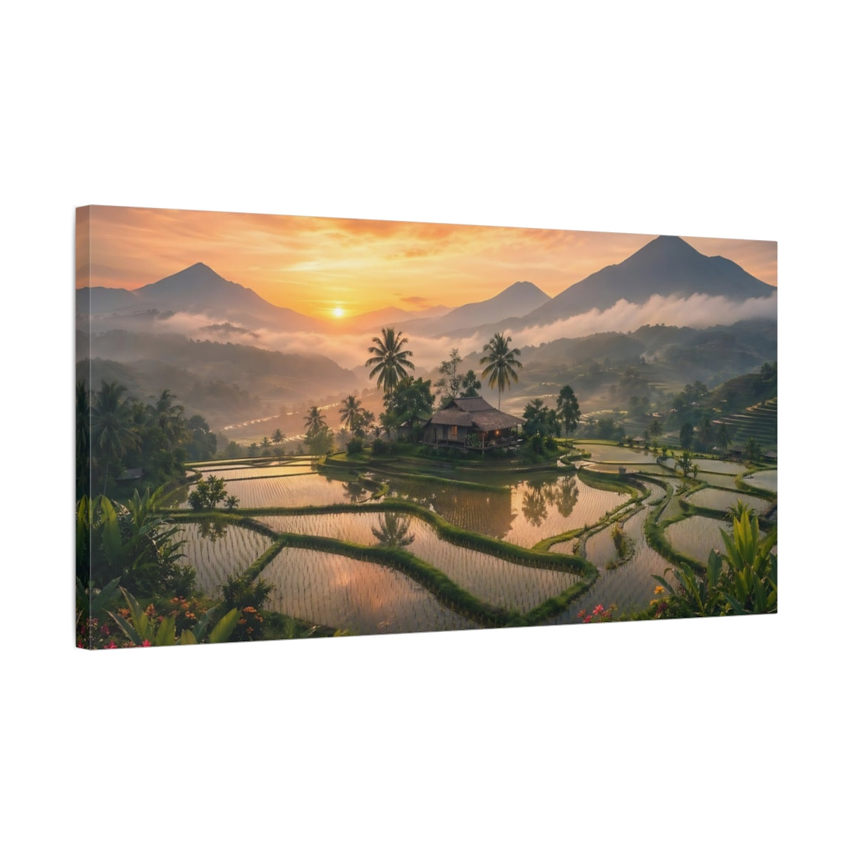 Side Mockup 1. Nature Rice Terrace Tropical Sunset shown as stretched canvas wall art