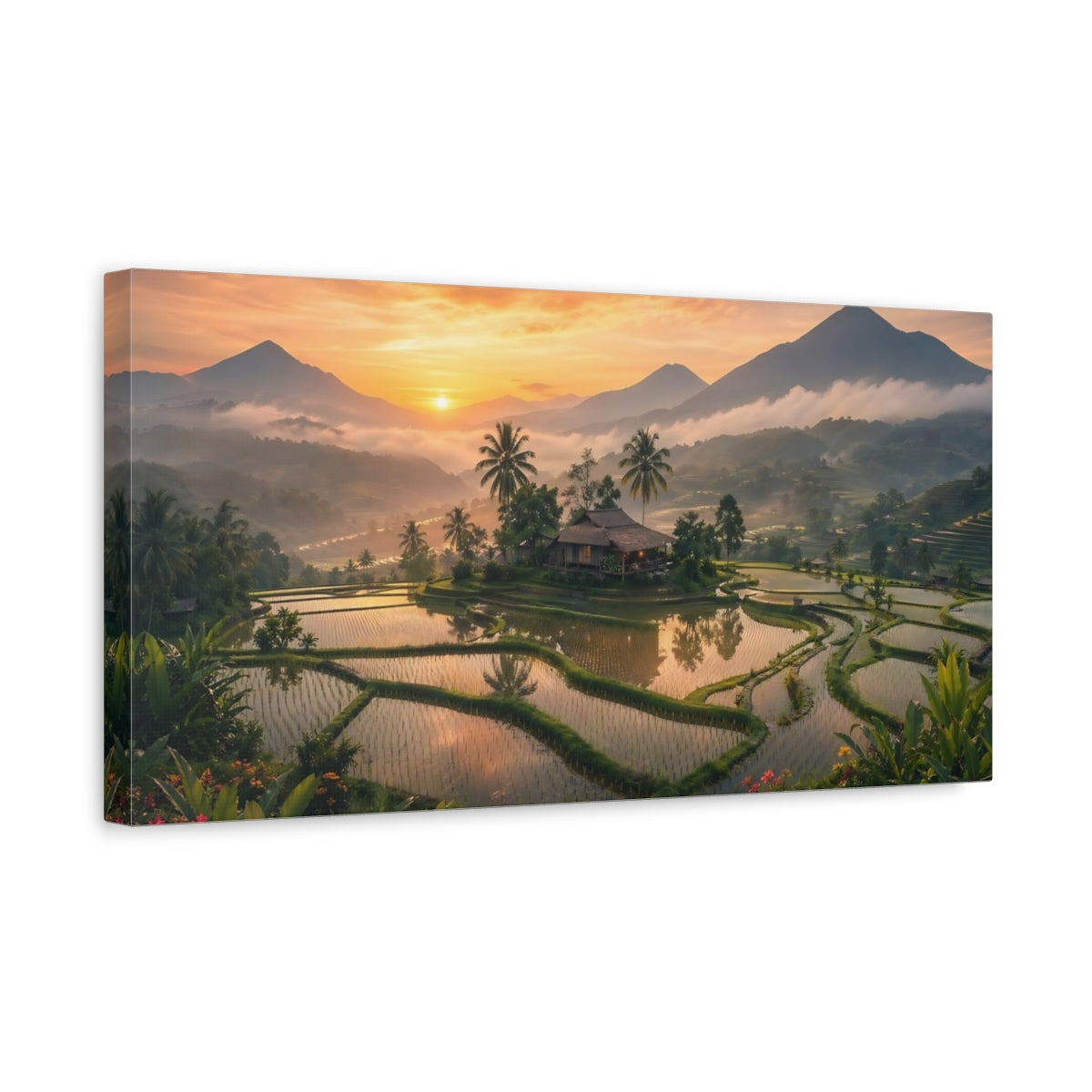 Side Mockup 3. Nature Rice Terrace Tropical Sunset shown as stretched canvas wall art