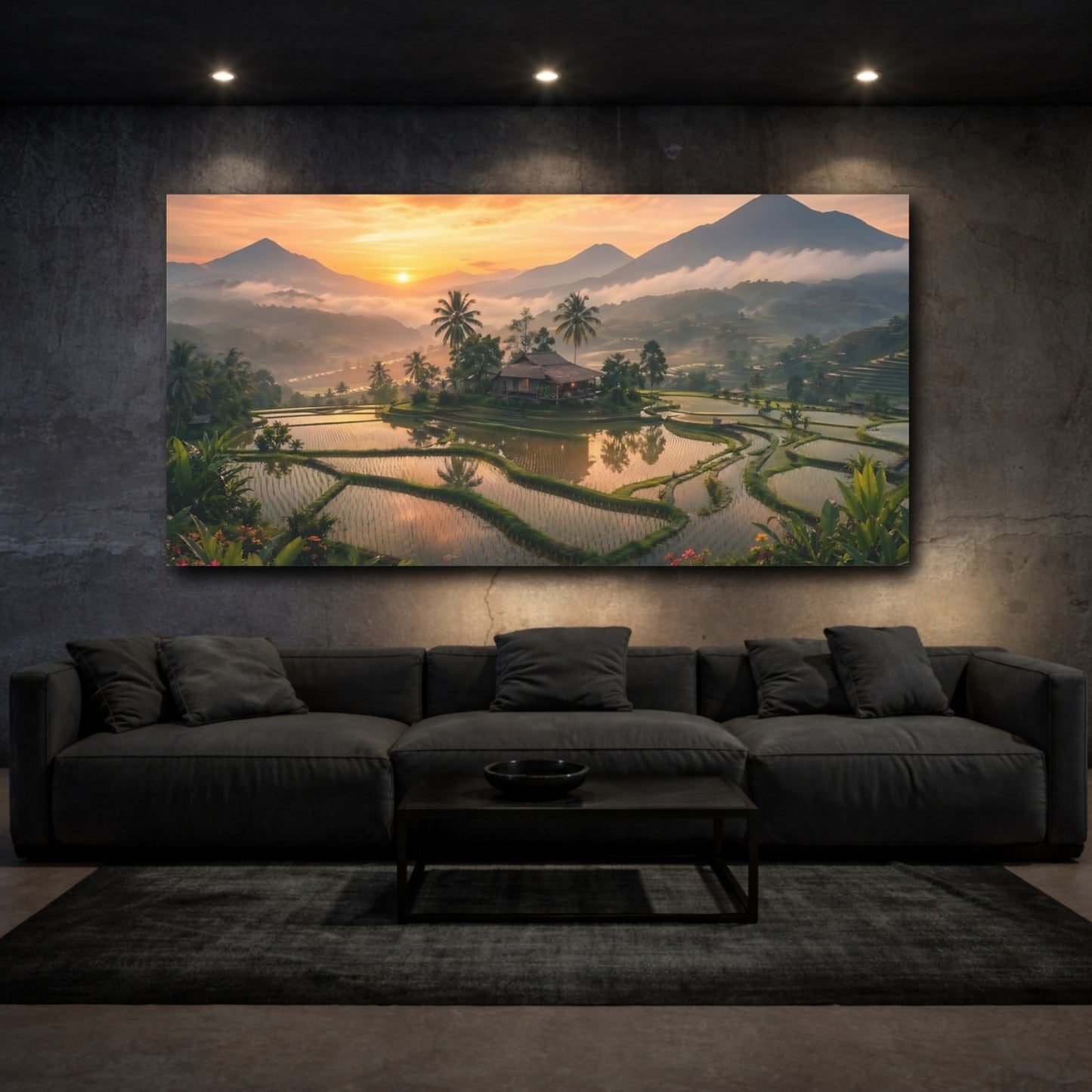Mockup 2. Nature Rice Terrace Tropical Sunset shown as stretched canvas wall art