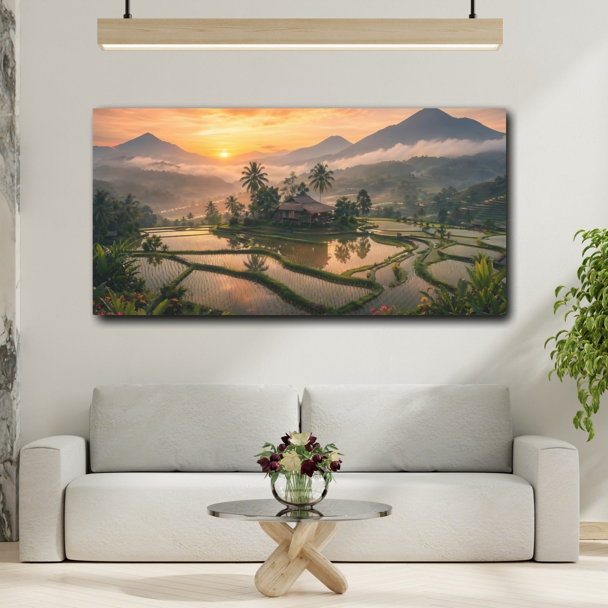 Mockup 3. Nature Rice Terrace Tropical Sunset shown as stretched canvas wall art