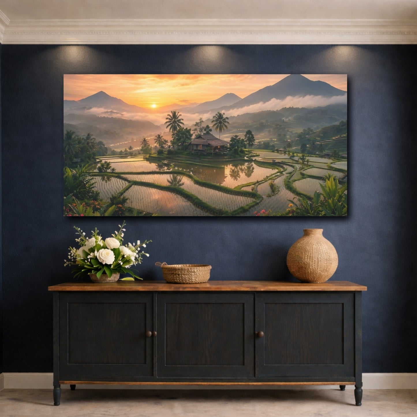 Mockup 4. Nature Rice Terrace Tropical Sunset shown as stretched canvas wall art