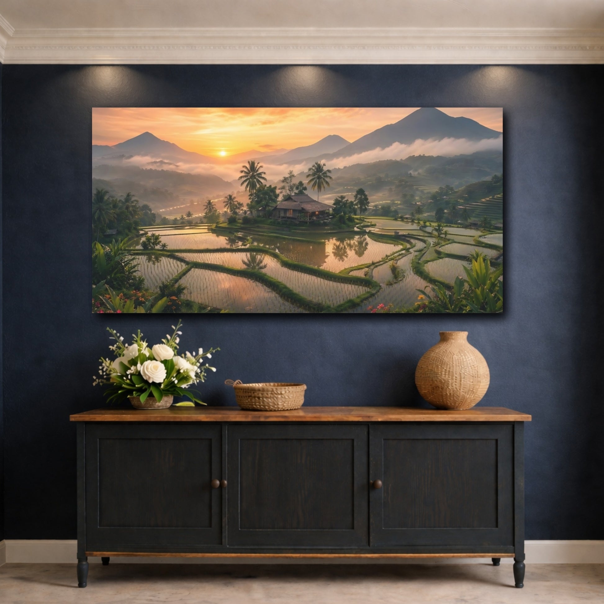 Mockup 4. Nature Rice Terrace Tropical Sunset shown as stretched canvas wall art