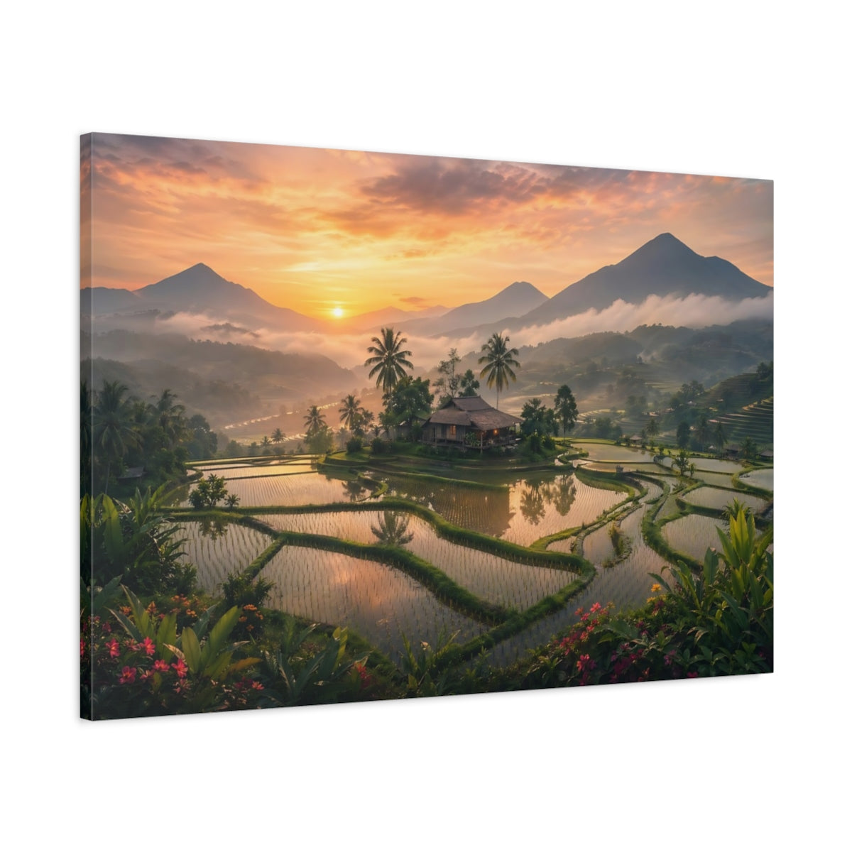 Main Mockup. Nature Rice Terraces Orange Green Landscape shown as stretched canvas wall art