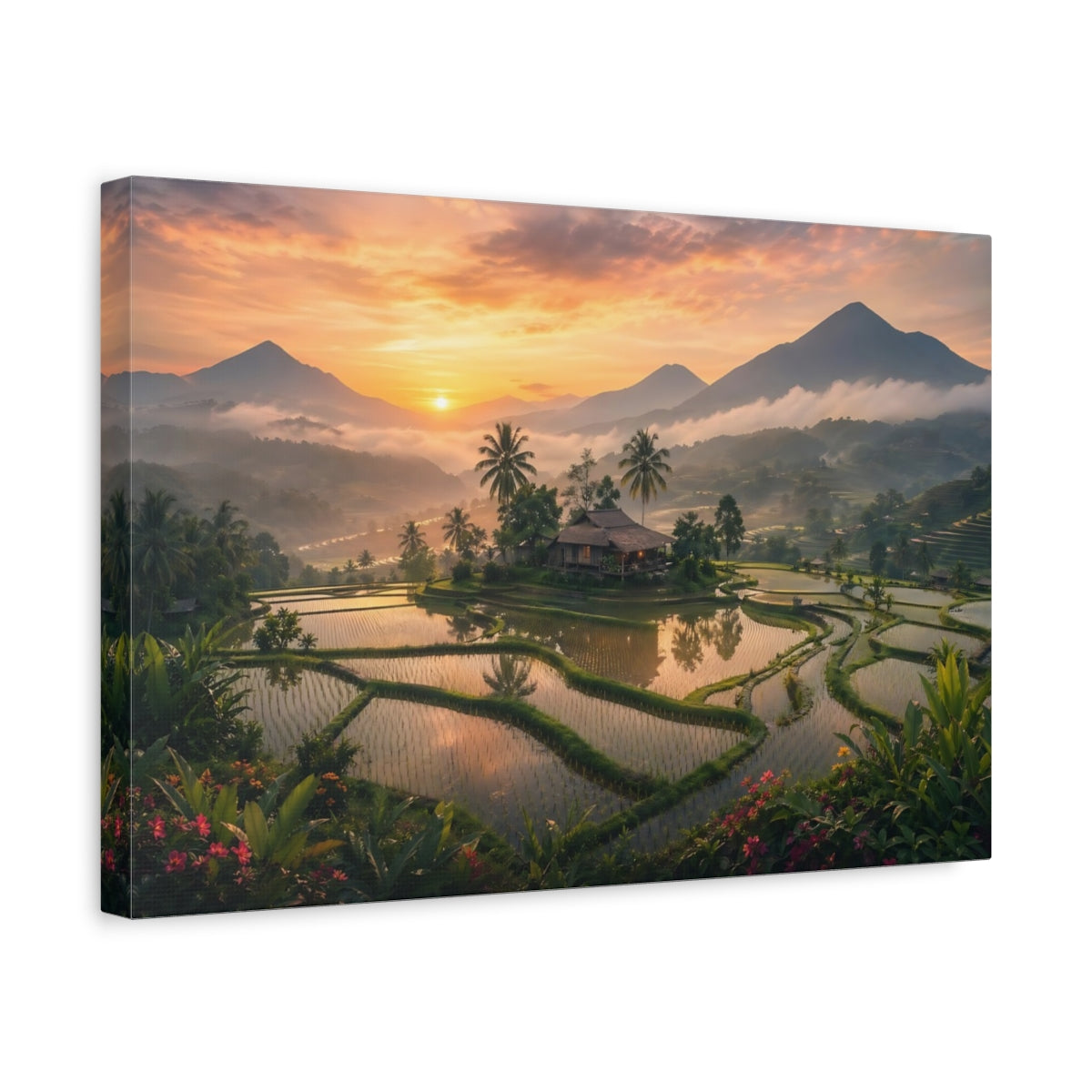 Side Mockup 4. Nature Rice Terraces Orange Green Landscape shown as stretched canvas wall art