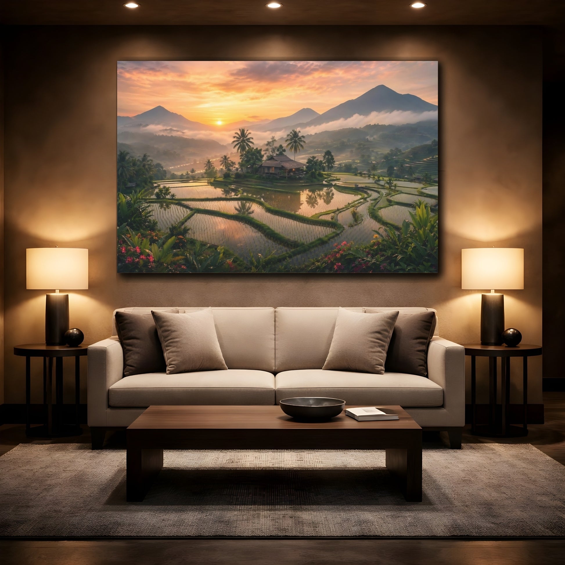 Mockup 2. Nature Rice Terraces Orange Green Landscape shown as stretched canvas wall art