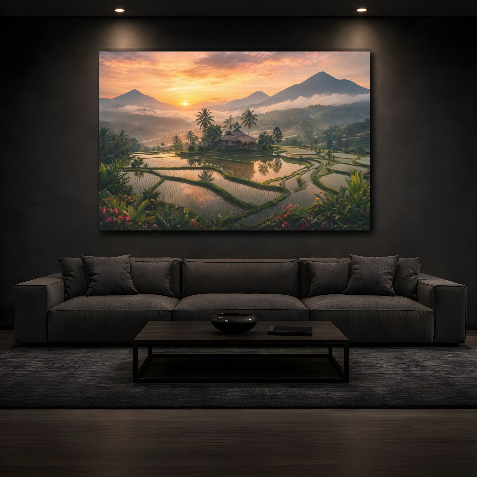 Mockup 3. Nature Rice Terraces Orange Green Landscape shown as stretched canvas wall art