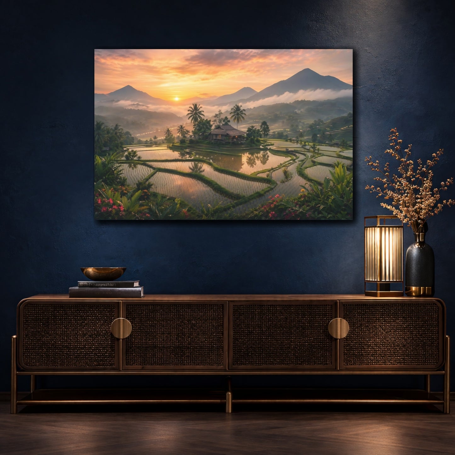 Mockup 4. Nature Rice Terraces Orange Green Landscape shown as stretched canvas wall art