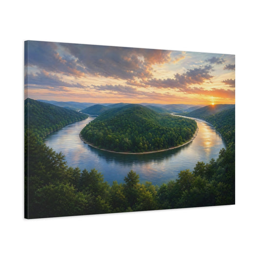 Main Mockup. Nature River Bend Green And Orange shown as stretched canvas wall art