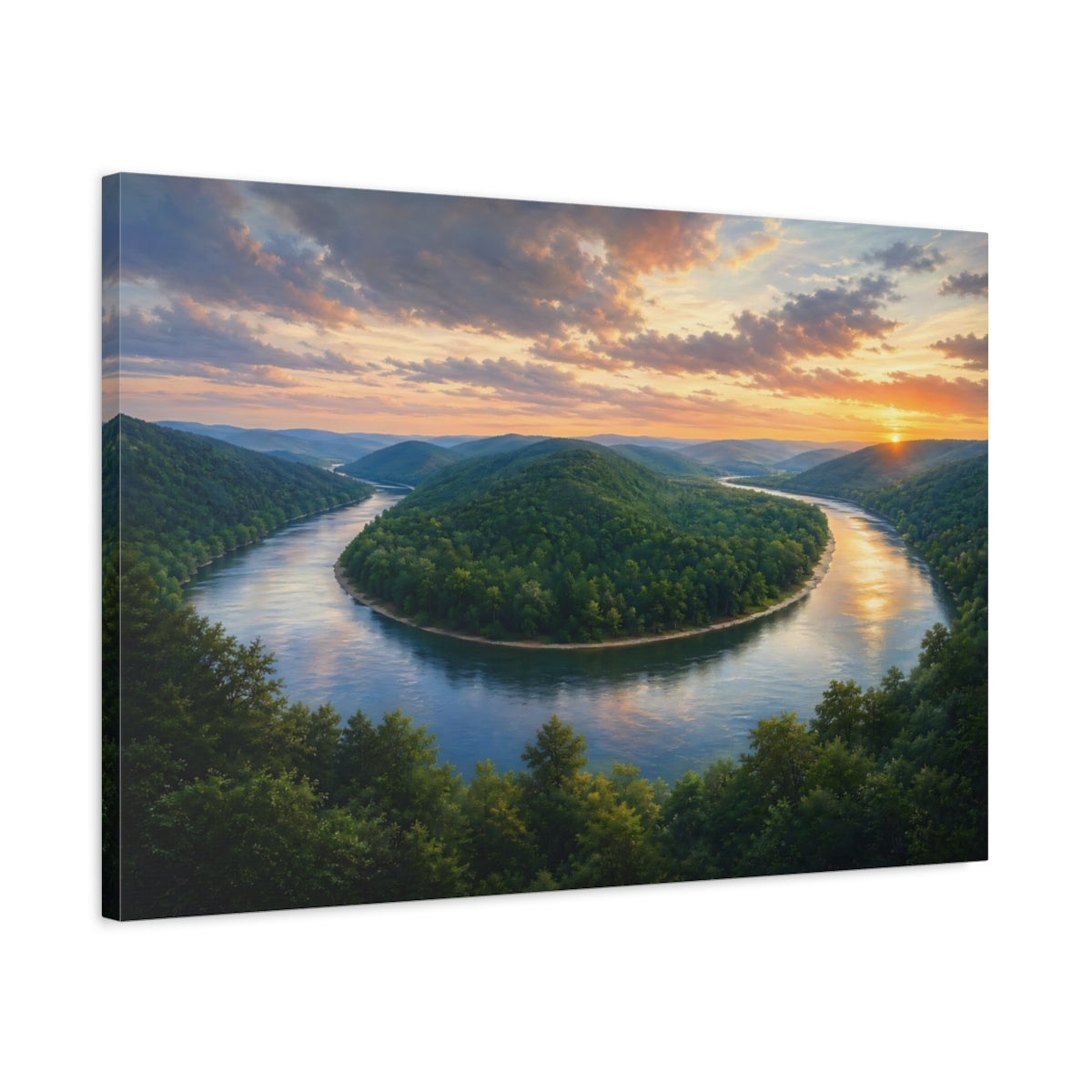 Side Mockup 2. Nature River Bend Green And Orange shown as stretched canvas wall art