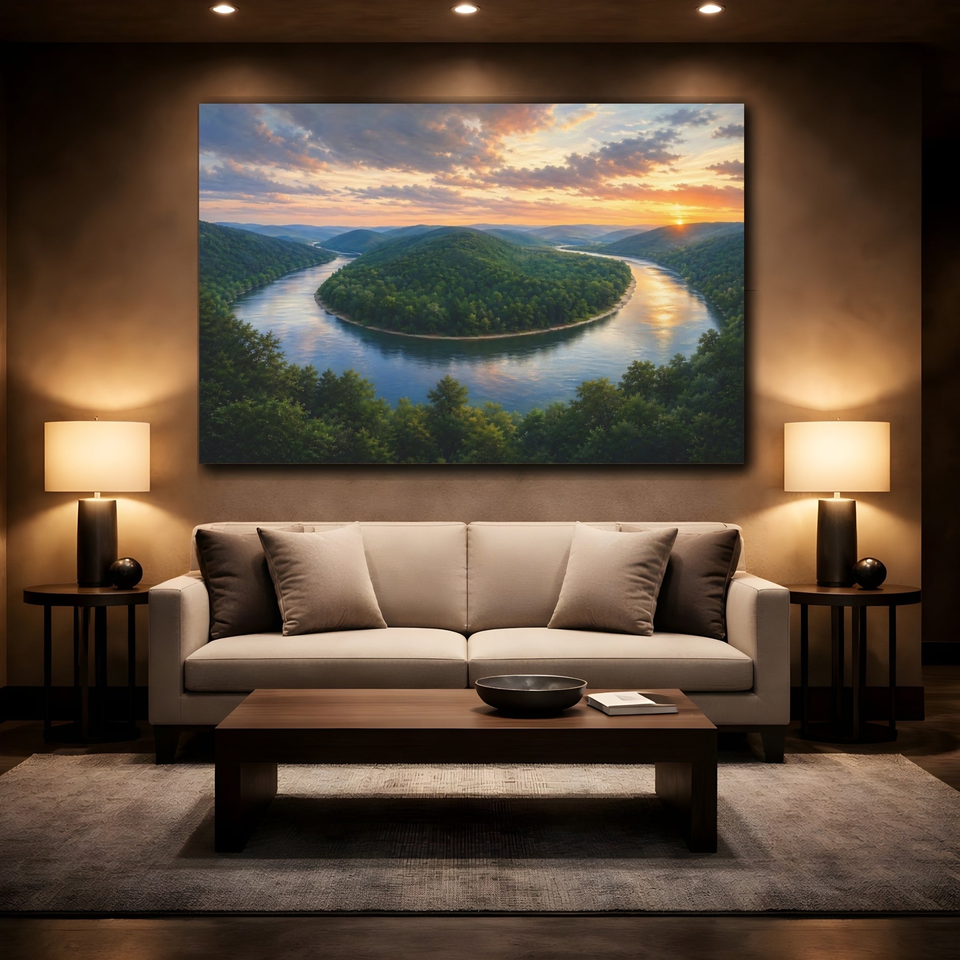 Mockup 2. Nature River Bend Green And Orange shown as stretched canvas wall art