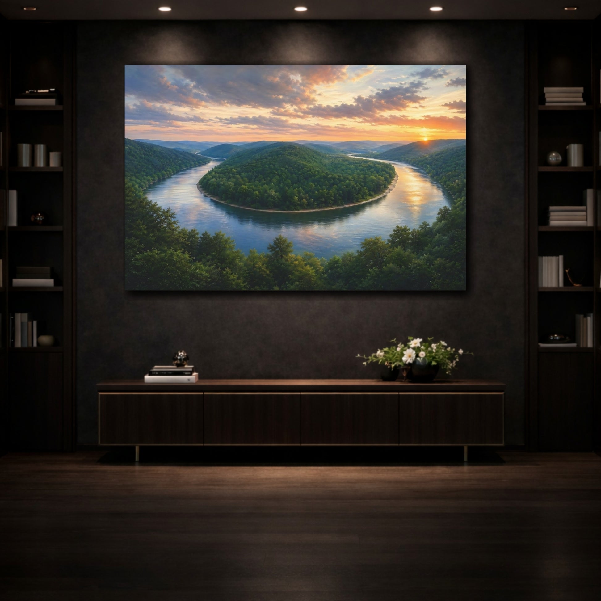 Mockup 3. Nature River Bend Green And Orange shown as stretched canvas wall art