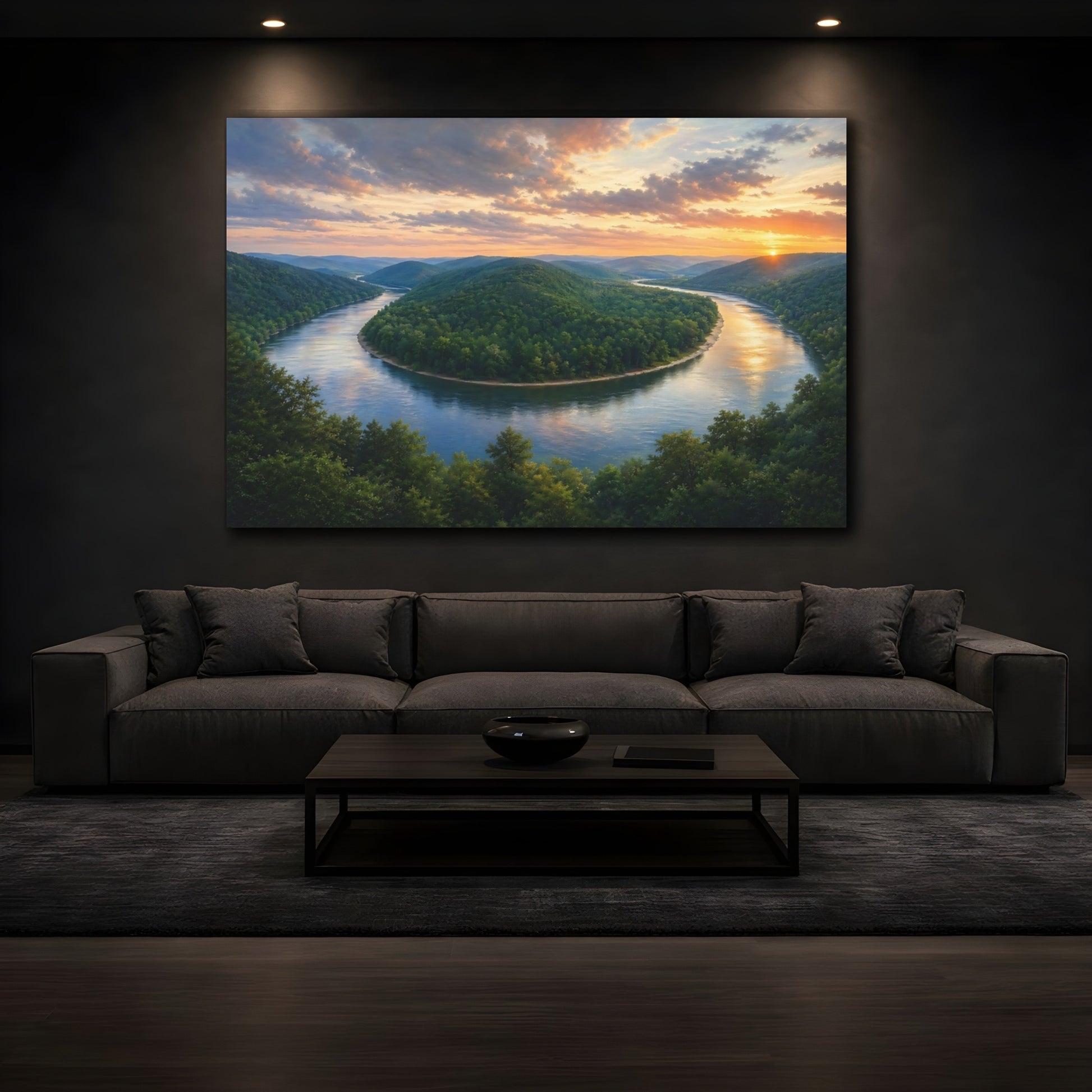 Mockup 4. Nature River Bend Green And Orange shown as stretched canvas wall art
