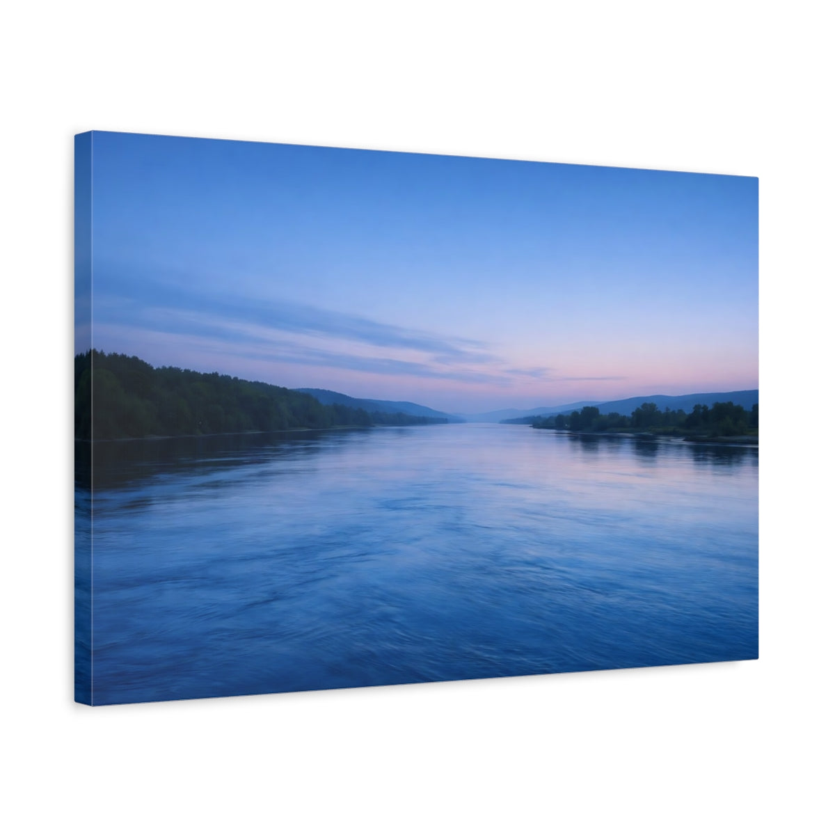 Side Mockup 3. Nature River Blue River Landscape shown as stretched canvas wall art