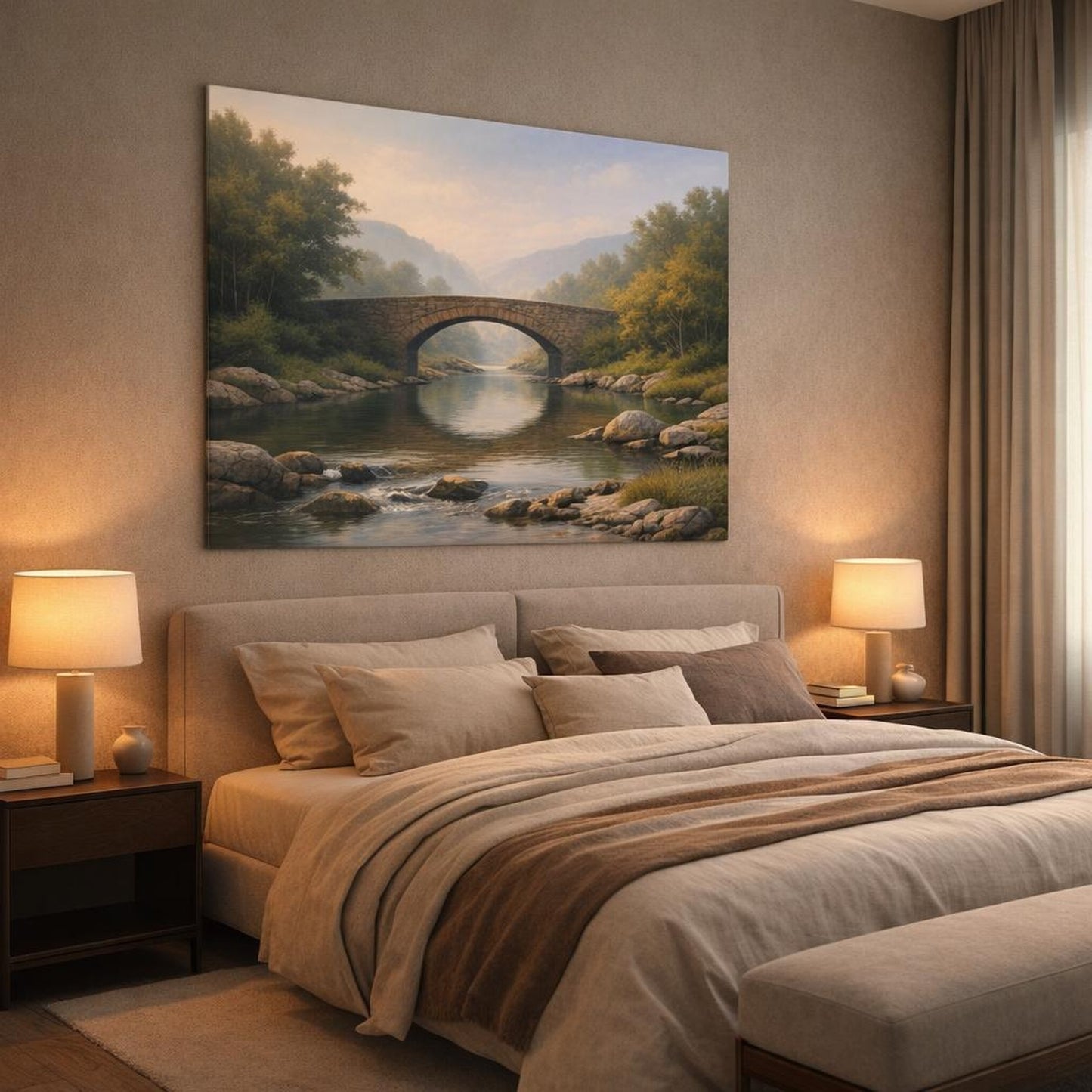 Nature River Bridge shown as canvas wall art in a luxury bedroom