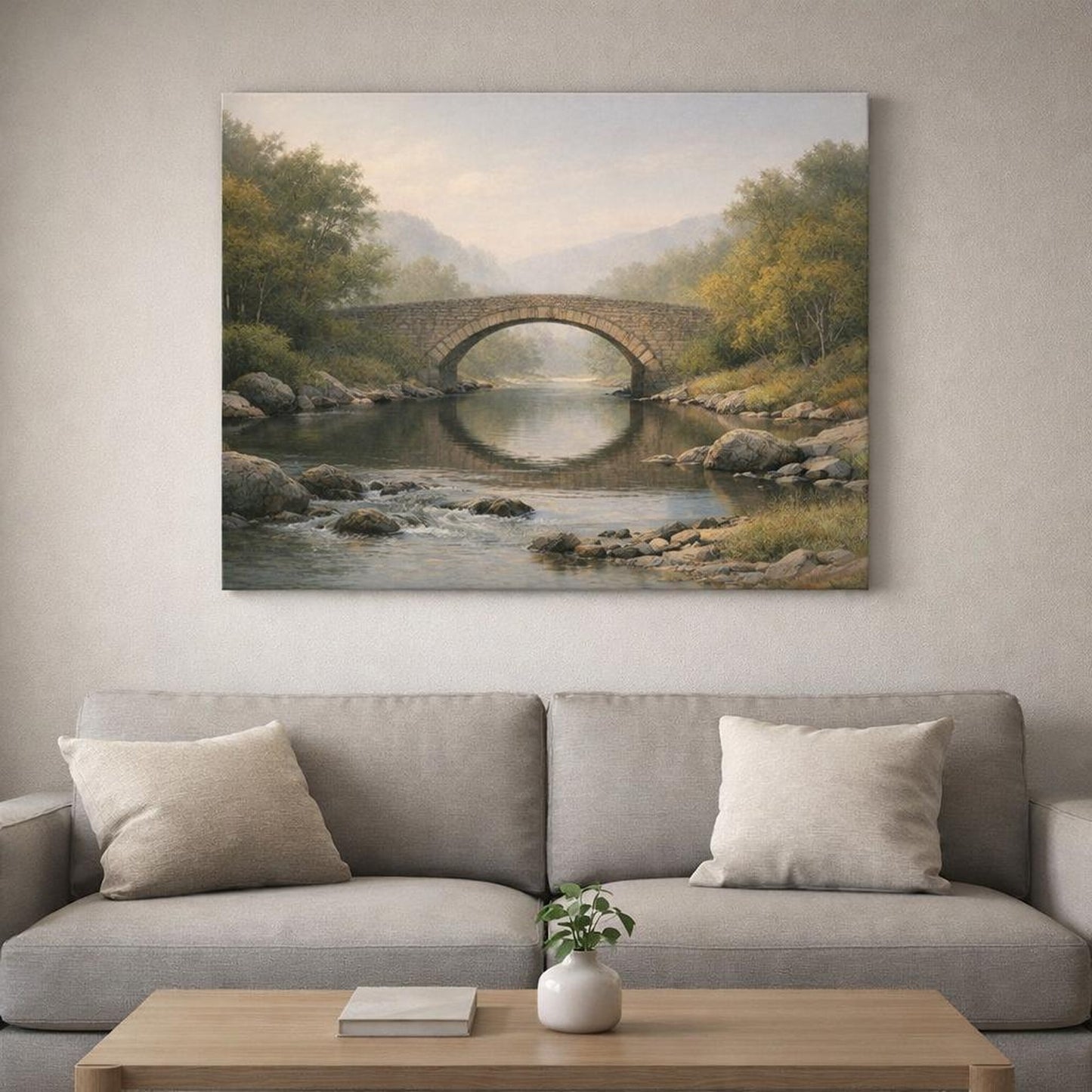 Nature River Bridge shown as canvas wall art in a refined dining room