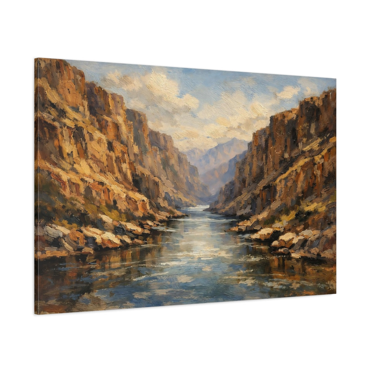 Main Mockup. Nature River Canyon Brown Blue Landscape shown as stretched canvas wall art