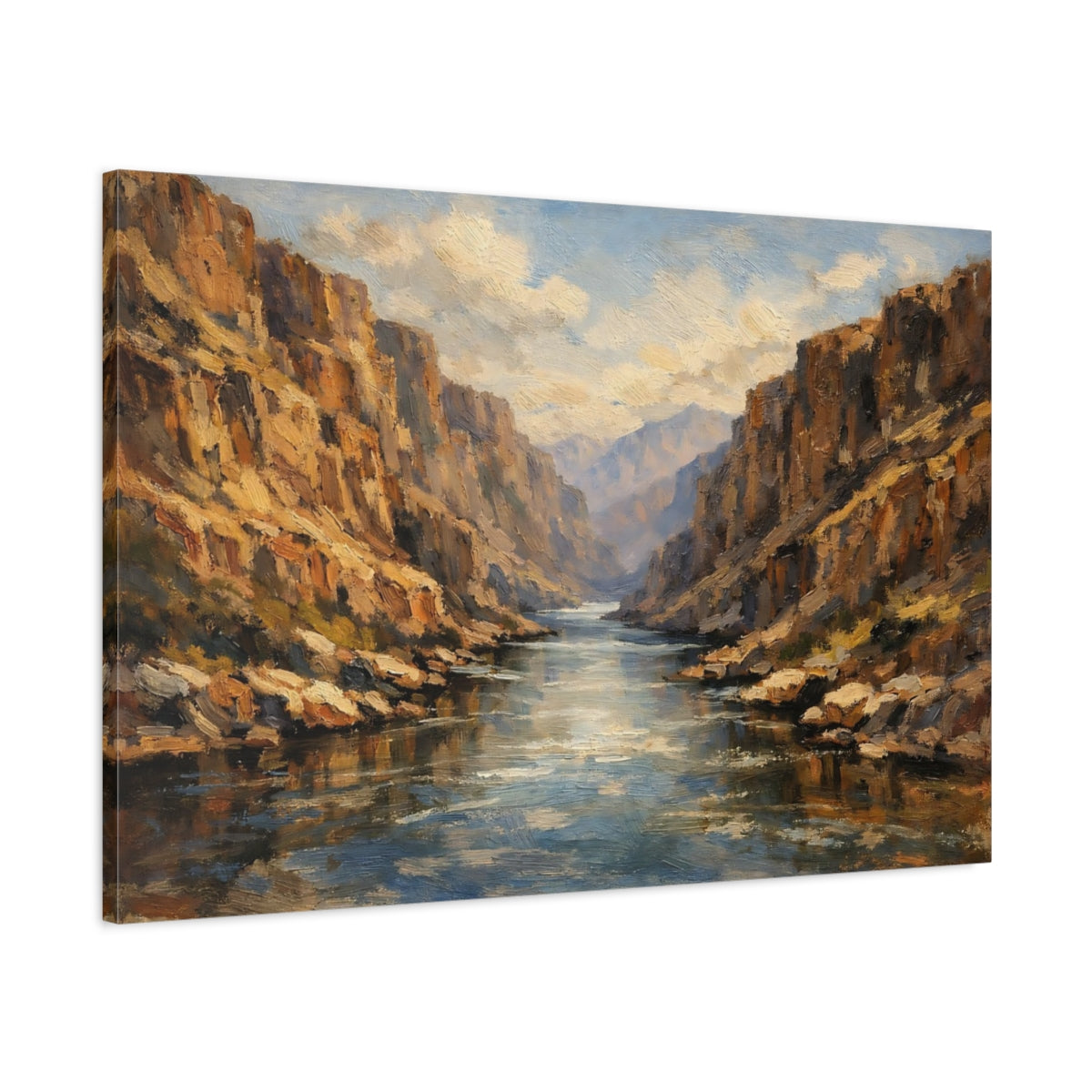 Side Mockup 1. Nature River Canyon Brown Blue Landscape shown as stretched canvas wall art