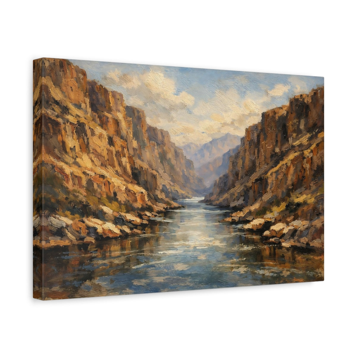 Side Mockup 4. Nature River Canyon Brown Blue Landscape shown as stretched canvas wall art