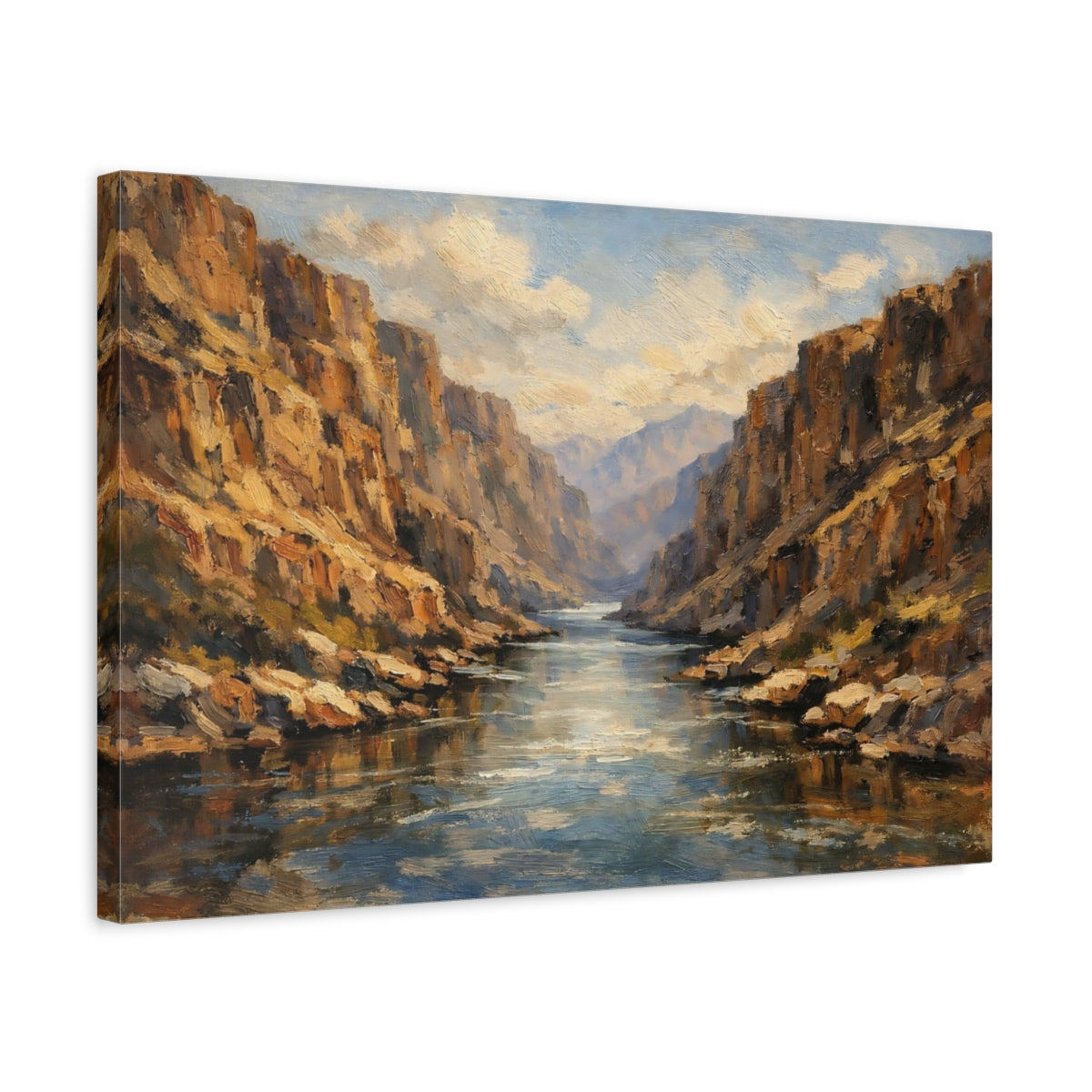 Side Mockup 3. Nature River Canyon Brown Blue Landscape shown as stretched canvas wall art
