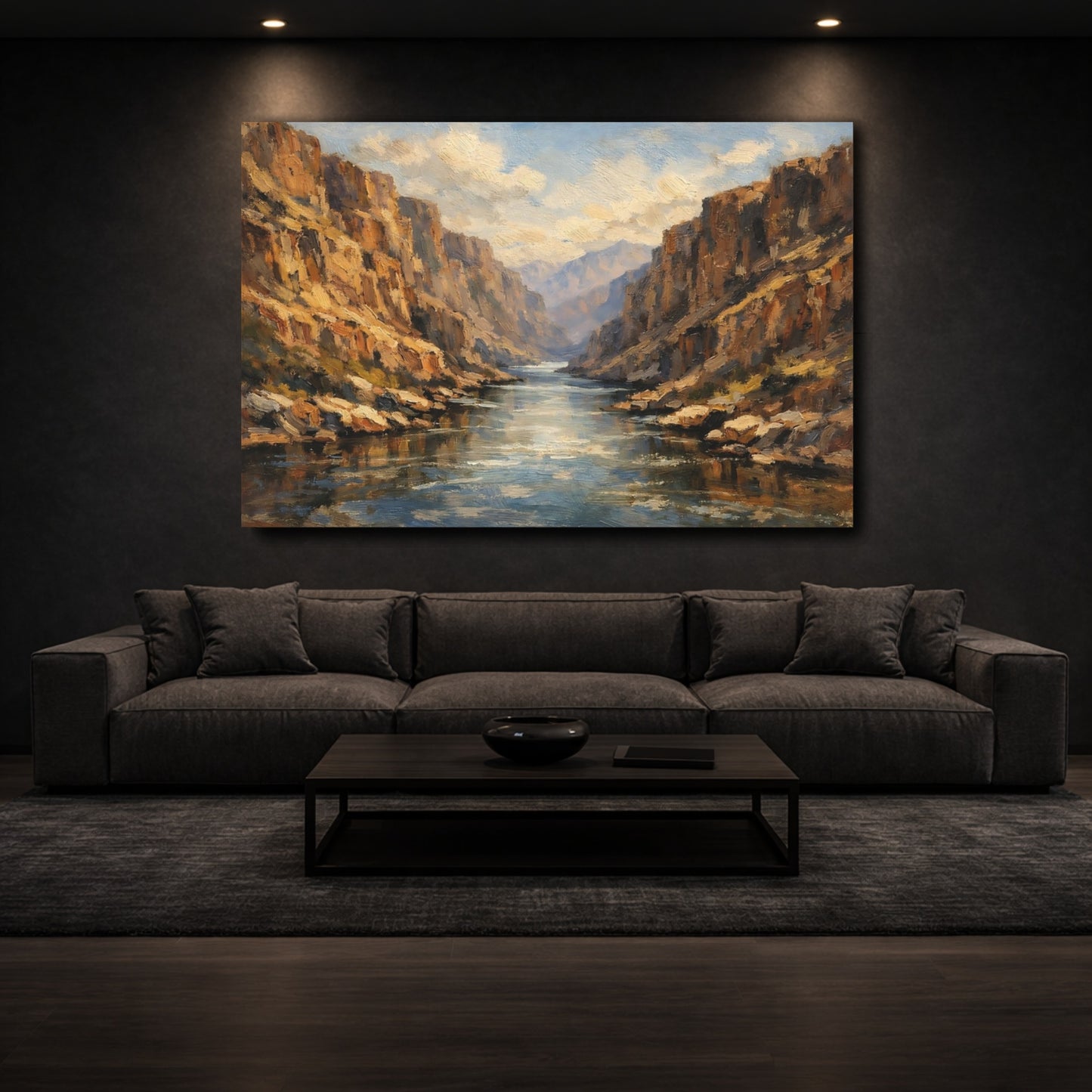 Mockup 2. Nature River Canyon Brown Blue Landscape shown as stretched canvas wall art