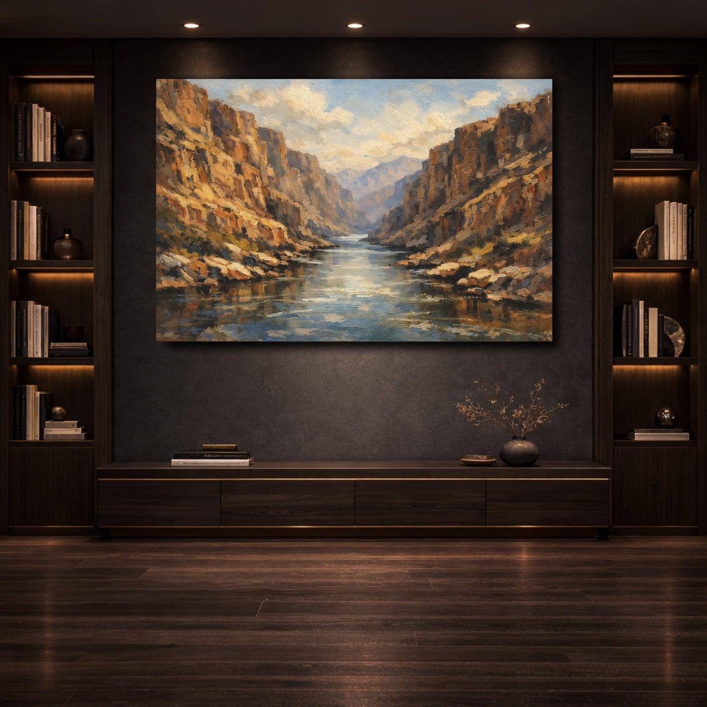 Mockup 3. Nature River Canyon Brown Blue Landscape shown as stretched canvas wall art